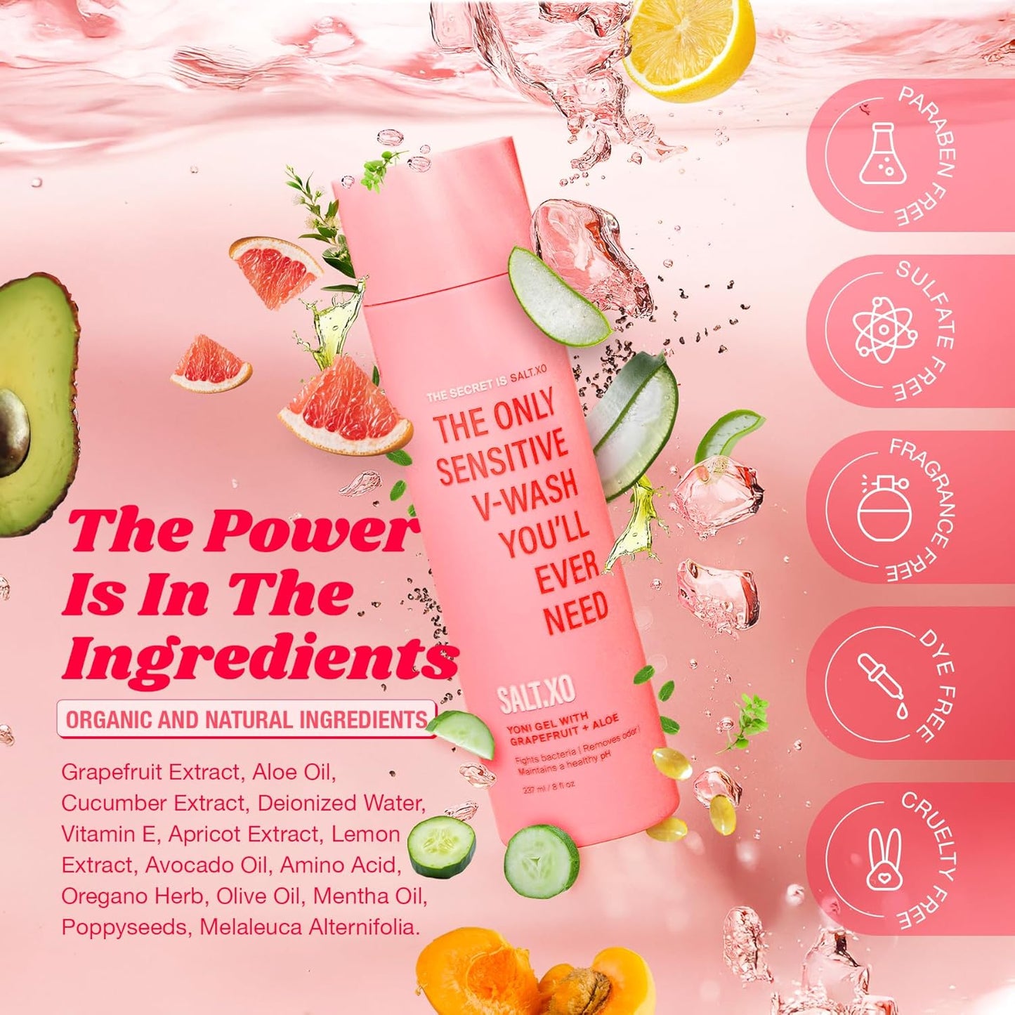 SALT.XO Grapefruit Sensitive Yoni Gel Wash, Intimate Care Gel for Women, Intimate Care Gel for Women, pH Balance V Wash Cruelty-Free, Feminine Hygiene Products (8 Fl Oz)