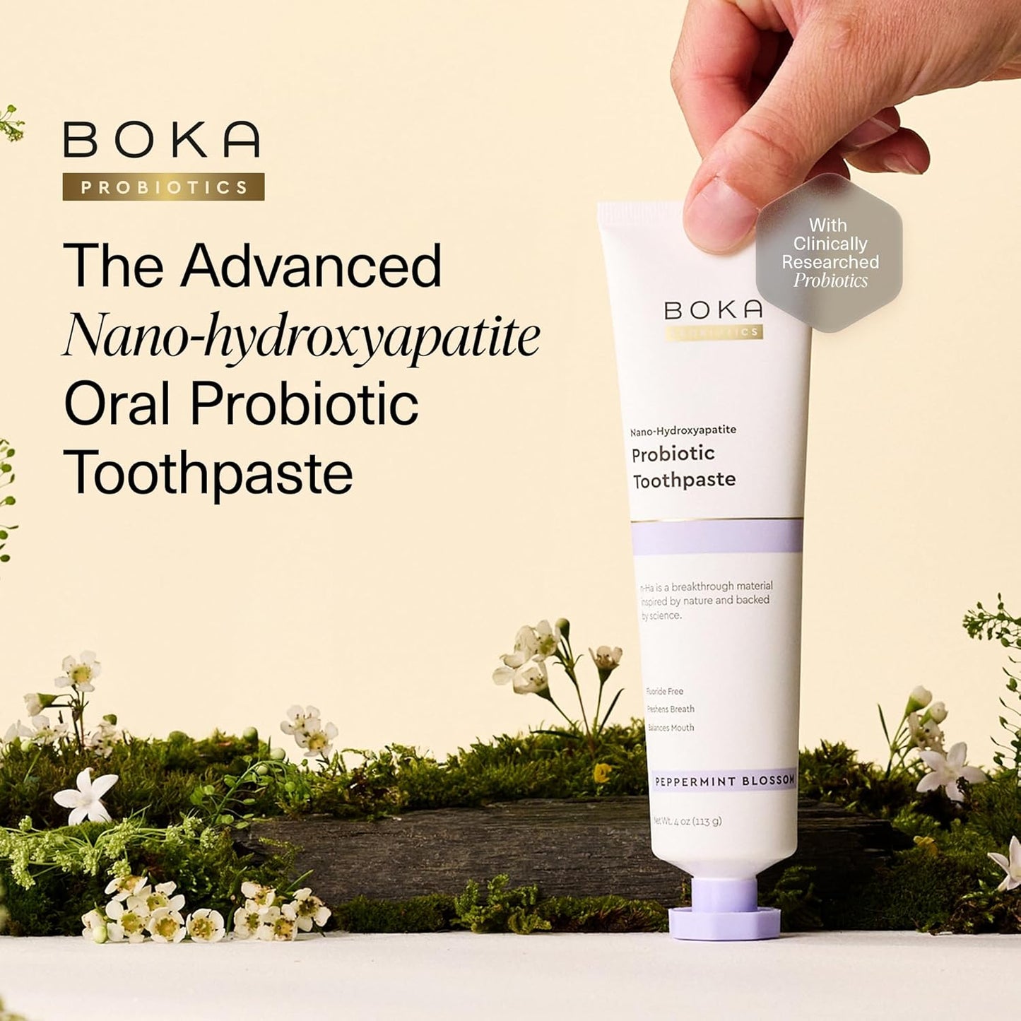 Boka Fluoride Free Toothpaste, Nano Hydroxyapatite Toothpaste, Appropriate for Sensitive Teeth - for Adult, Kids Oral Care - Probiotics - Peppermint Blossom, 4 Fl Oz 1Pk US Manufactured