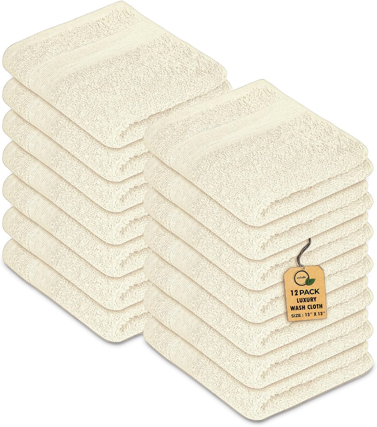 Premium Wash Cloths Pack of 12 (13" x 13") 100% Ring Spun Cotton | Luxury Washcloths | Ultra Soft Face Towels | Highly Absorbent Wash Cloths for face (Cream)