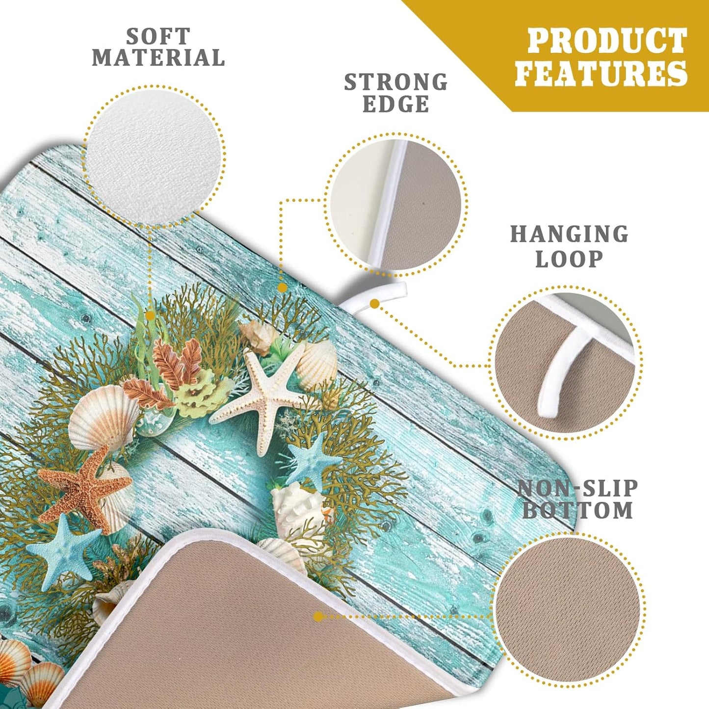 Coastal Wreath Dish Drying Mat 16x18 inch Starfish Shell Absorbent Microfiber Dish Rack Mats Drainer Pad Kitchen Countertop Accessories