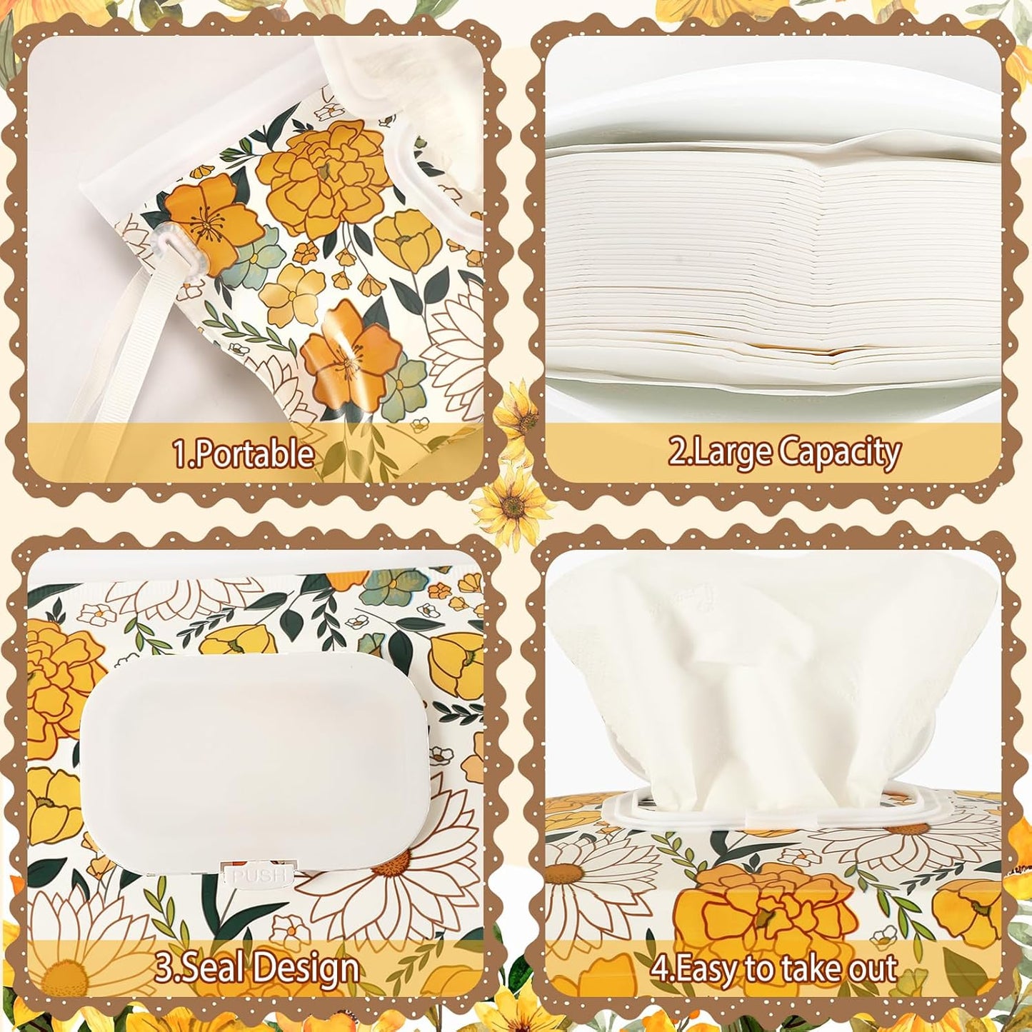 FEBSNOW 4 Pack Baby Wipes Dispenser, Portable Refillable Wipe Holder Baby Wipes Container Travel Wipes Case Reusable Wet Wipes Pouch (Floral, Cream, Brown, Pink)