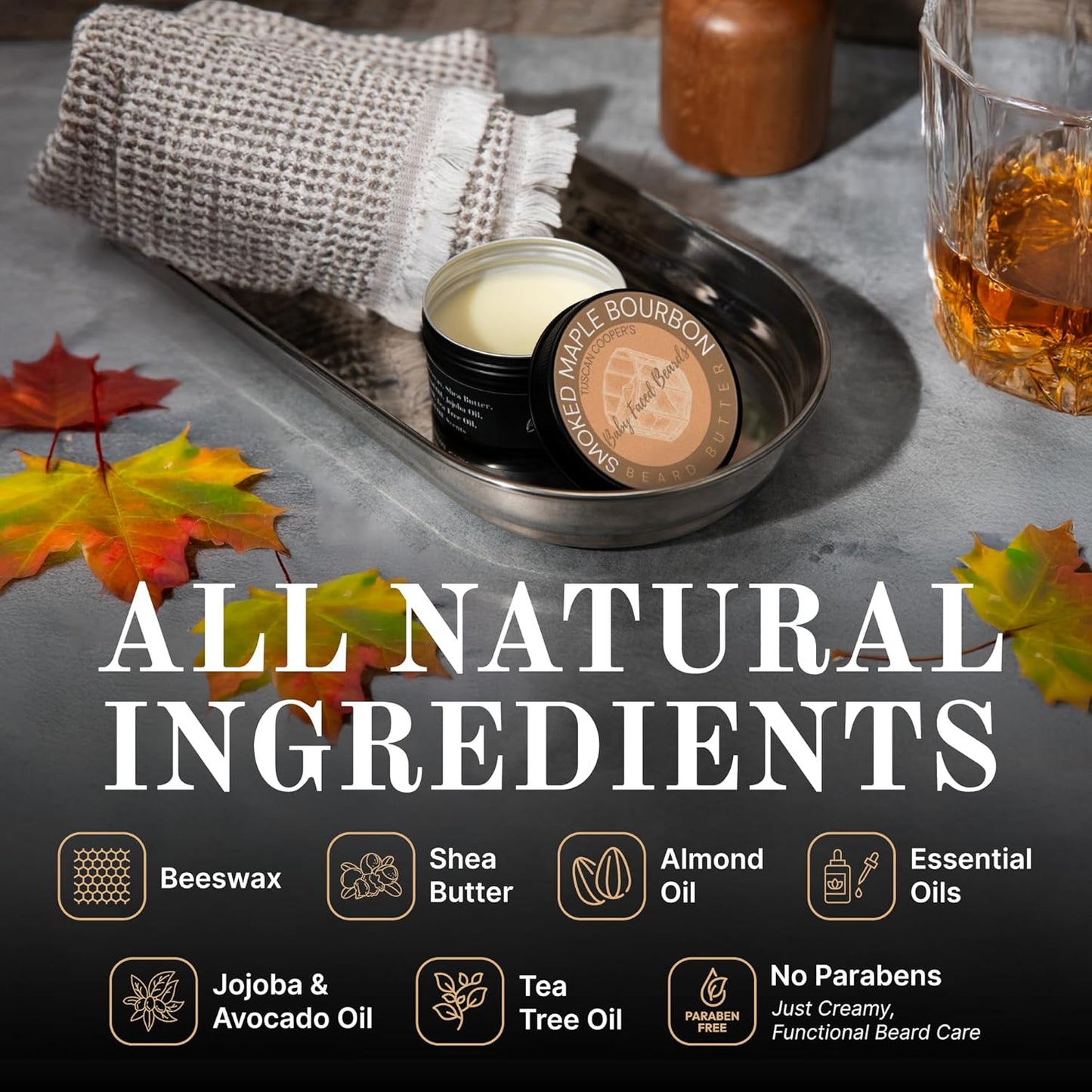 Tuscan Cooper's Baby Faced Beards Butter for Men - Moisturizing Beard Balm Cream and Softener for All Hair Types Including Coarse Hair - 4oz Hydration and Conditioning Care - Smoked Maple Bourbon