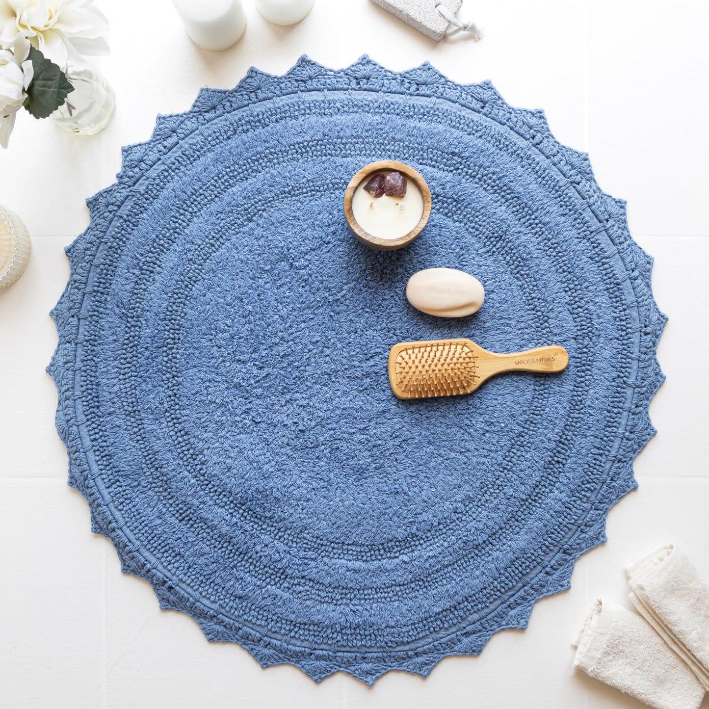 RAJRANG Circle Bath Mat for Bathroom Kitchen and Spa with Crochet Pattern Cotton Absorbent Soft Reversible Boho Bath Rug Parisian Blue Round 24 Inches
