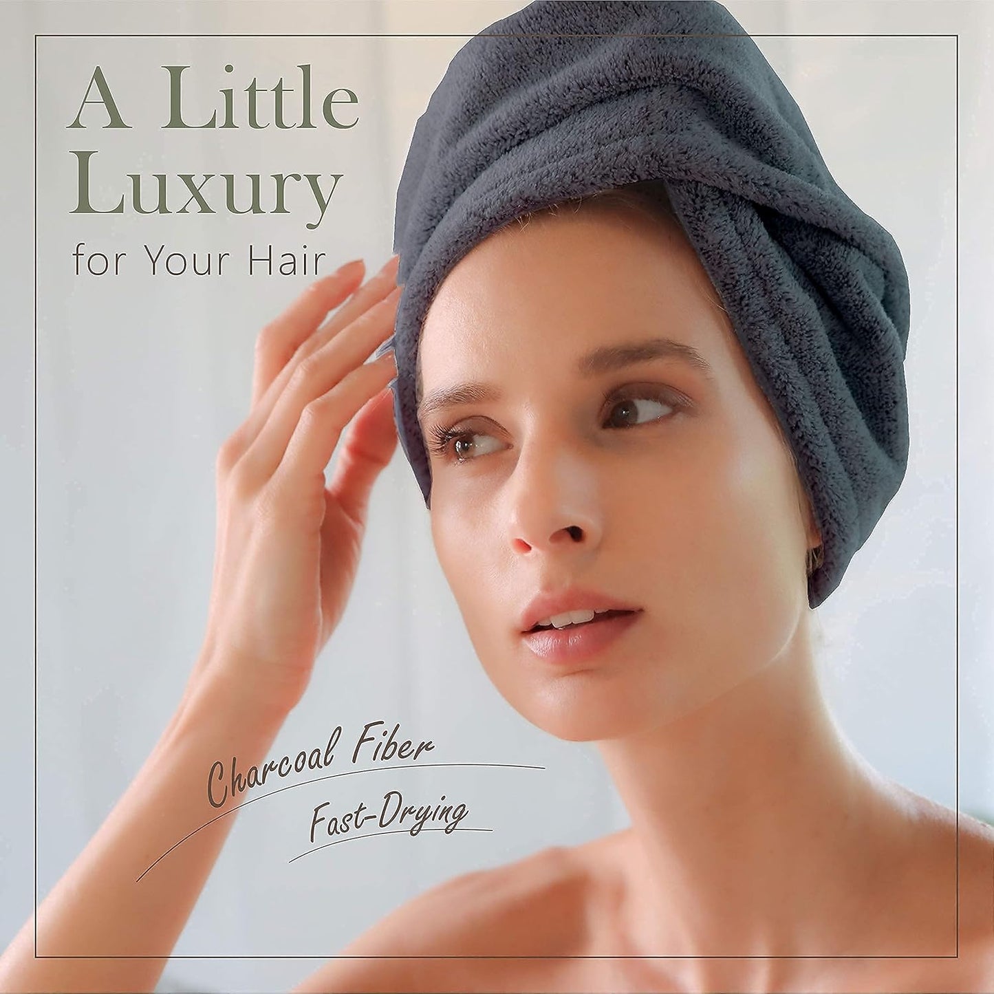 myHomeBody Hair Towel Wrap, Luxury Quick Drying Turban, Ultra Soft Absorbent Charcoal Fiber Cap, with Coconut Shell Button – Midnight Blue