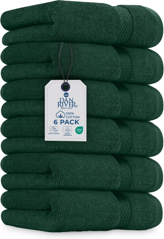 DAN RIVER 6-Pack Premium Hand Towels (16x28 Inches) - 100% Cotton, Ultra Soft, Lightweight, Highly Absorbent Towels for Bathroom, Spa, Gym, Salon, Hotel, and Travel - 550 GSM, Hunter Green