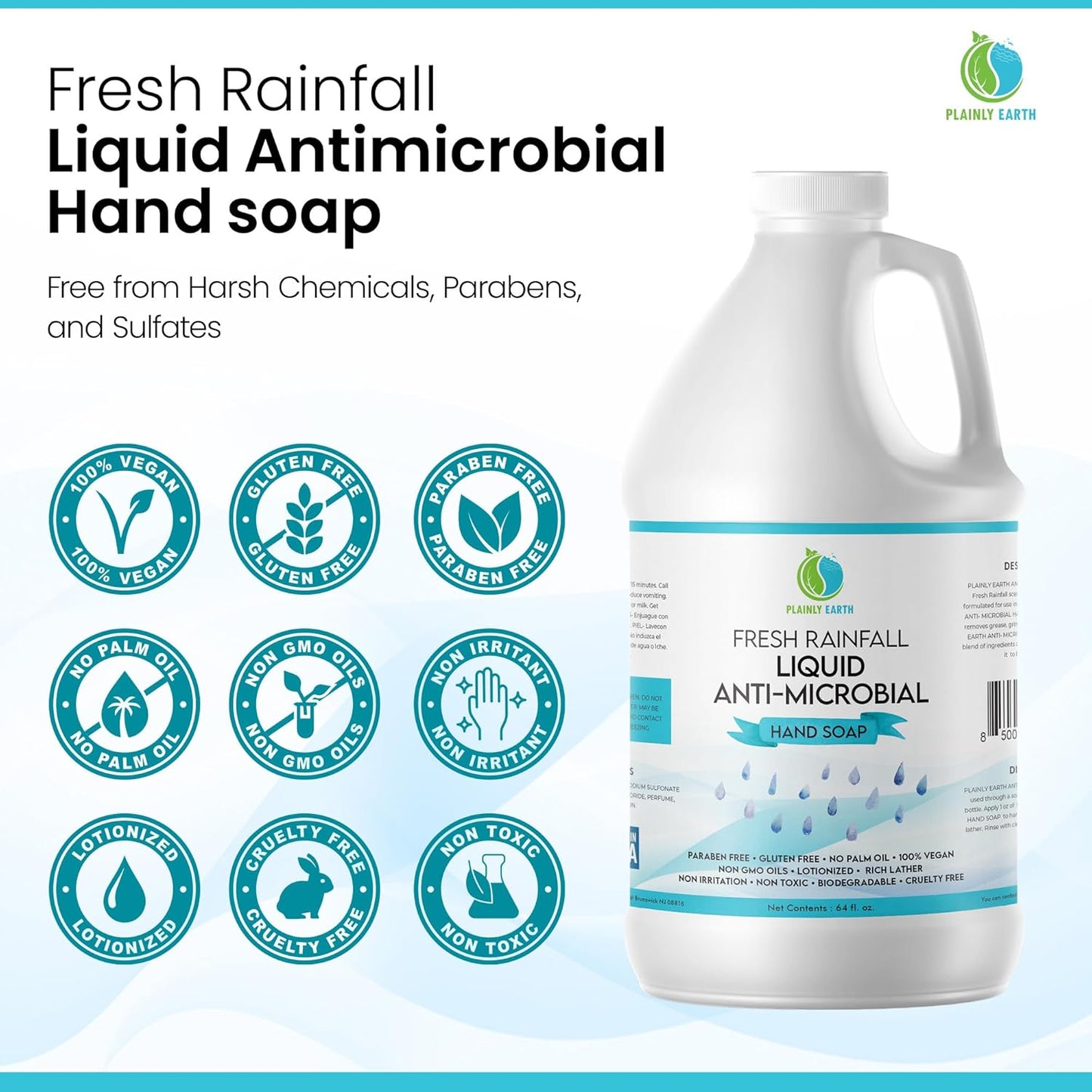 AntiMicrobial Hand Soap, 64 oz Bulk Refill - Antibacterial Hand Soap, Gentle, Scented Moisturizing Hand Soap for Kitchen and Bathroom - Fresh Rainfall