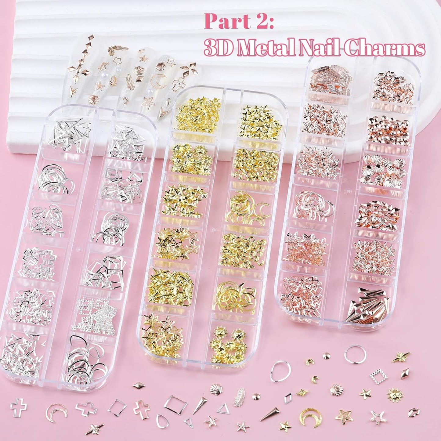 10 Boxes Nail Art Kit - 12 Colors Pointed/Flatback Rhinestones, 3D Gold/Silver/Rose Nail Studs, White Beige Half Pearls, Holographic Glitter & Foils + 3 Tools for DIY Nail Art Jewels & Crafts