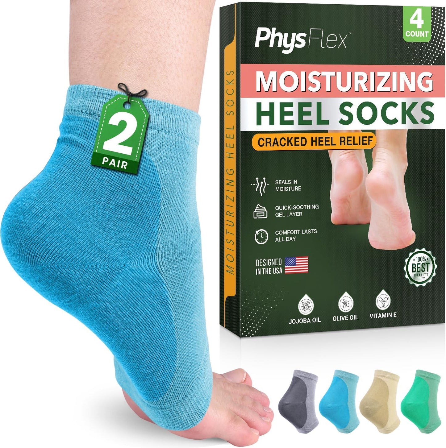 Moisturizing Heel Socks for Cracked Heels - Gel Socks for Dry Cracked Feet Repair - Silicone Socks for Women’s Foot Treatment & Overnight Hydration (Turquoise, 2-Pair)