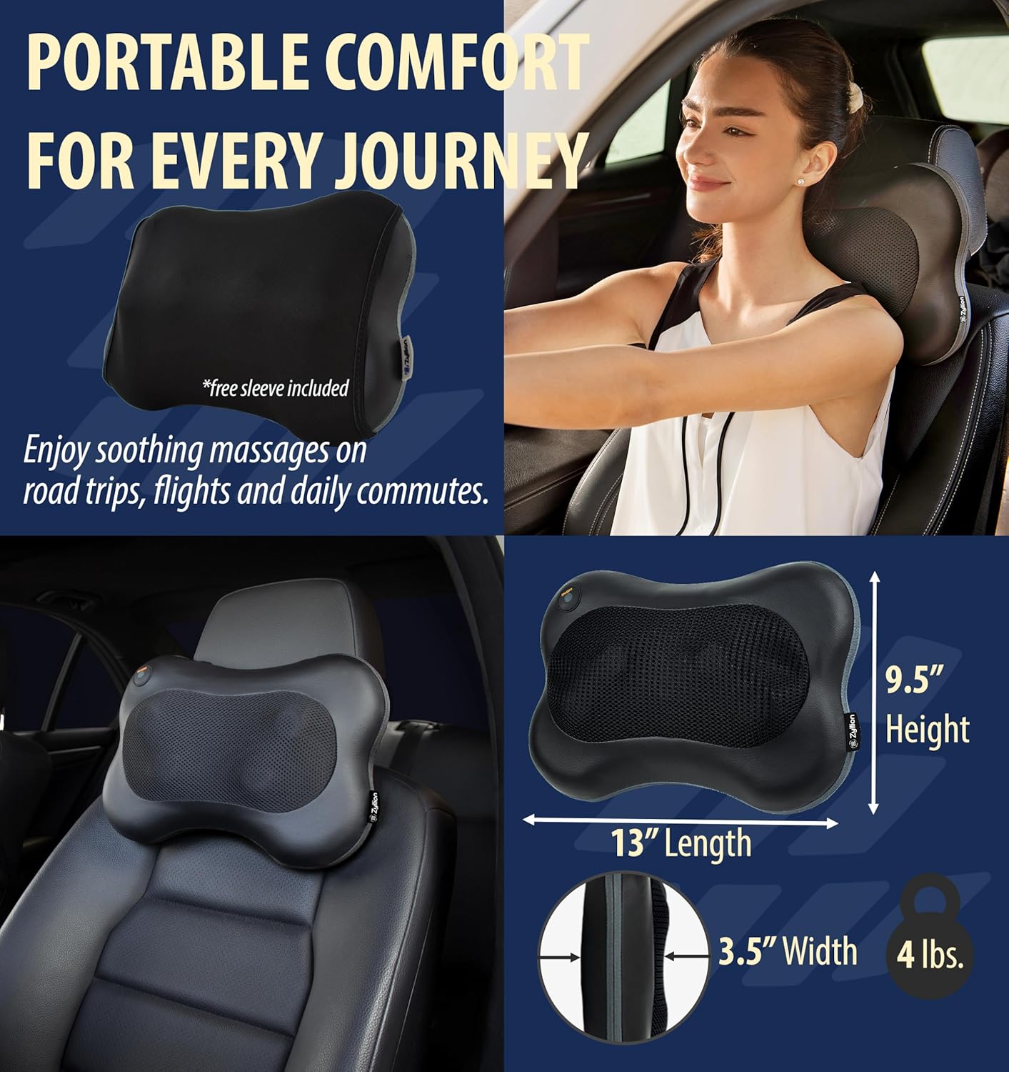 Zyllion Shiatsu Back and Neck Massager with Heat - Cordless Rechargeable 3D Electric Kneading Deep Tissue Massage Pillow for Muscle Pain Relief, Black, ZMA-13RB