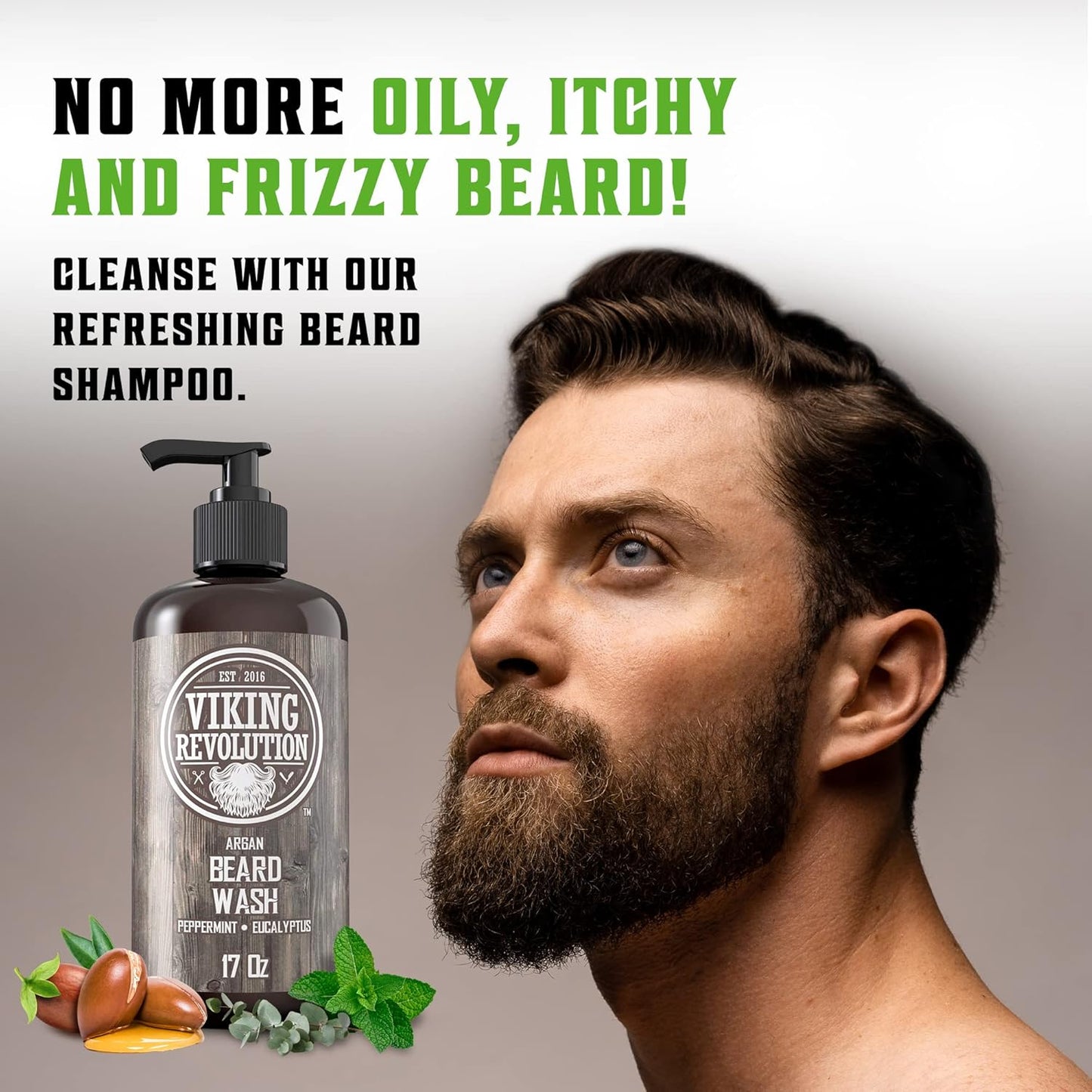 Viking Revolution Beard Wash & Conditioner Set w/Argan & Jojoba Oils – Softens, Smooths & Strengthens Beard Growth - Natural Peppermint and Eucalyptus Scent - Shampoo (17 oz)