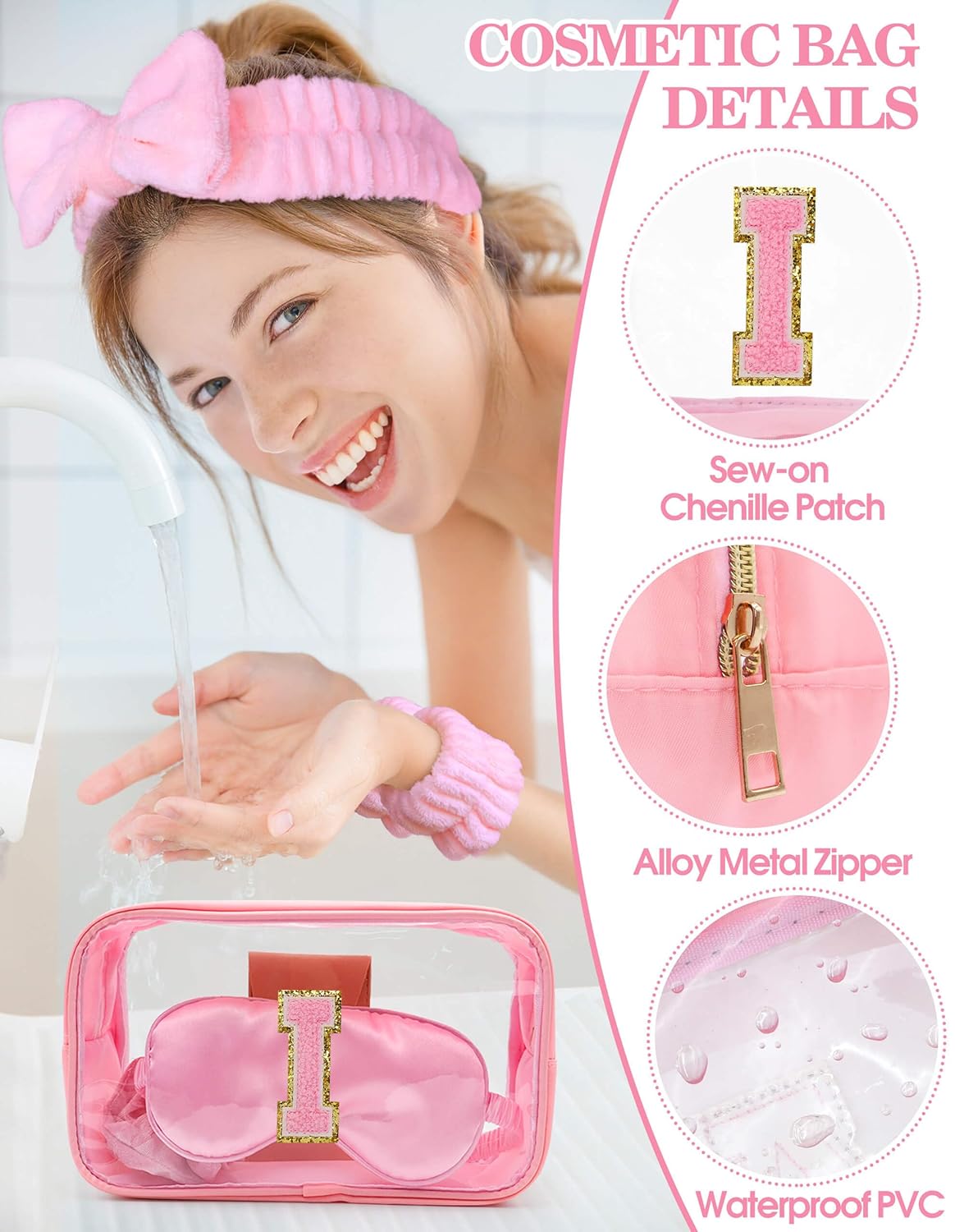 Gift Sets for Women, Initial Makeup Bag with Makeup Brush Set Bachelorette Party Favors, Pink Spa Kit with Skincare Headbands Wrist Bands Sleepover Party Supplies Gifts for Teen Girls Bridesmaid I