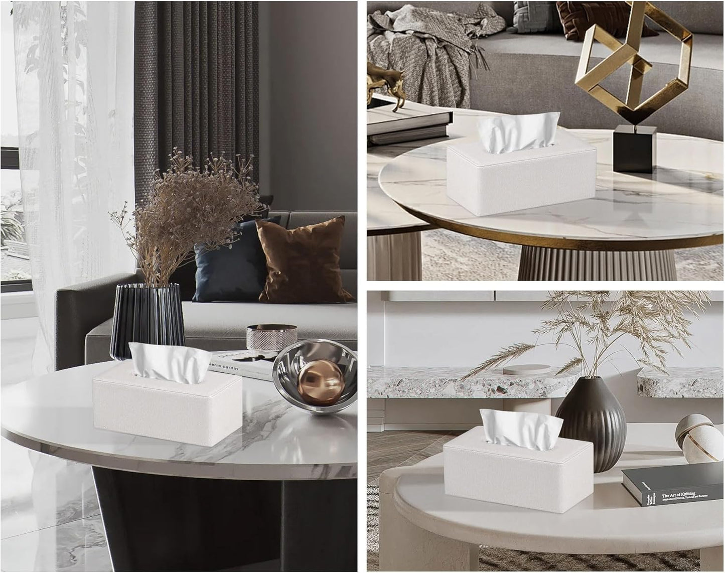 Tissue Box Cover Rectangular 9.8"(L) x 5.3"(W) x 4.3"(H) Refined Modern PU Leather Facial Tissue Dispenser Box Holder for Dresser Bathroom Decorative (Linen Beige)