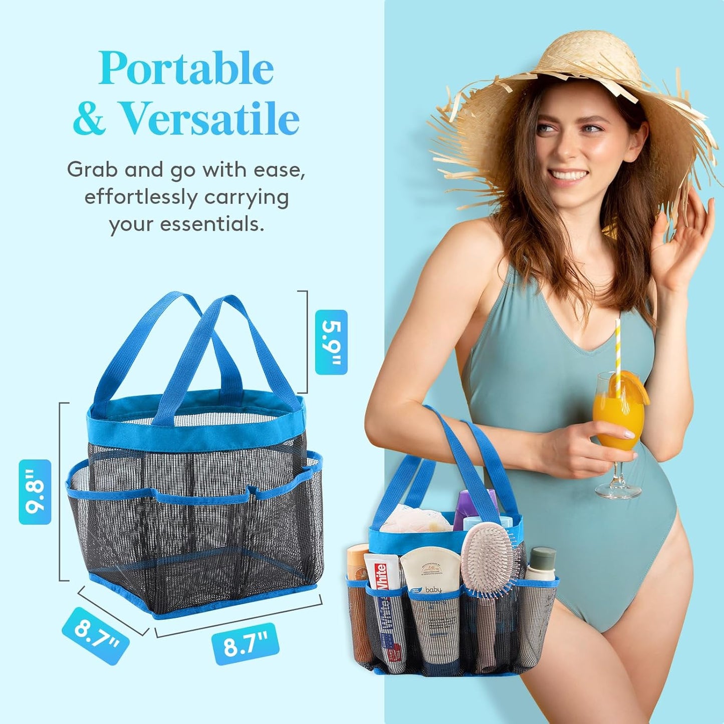 Lifewit Mesh Shower Caddy Freestanding Portable Shower Tote Bag for College Dorm, Bathroom, Gym, Travel, Quick Dry Hanging Shower Organizer with 7 Storage Pockets for Toiletry Essentials, Blue