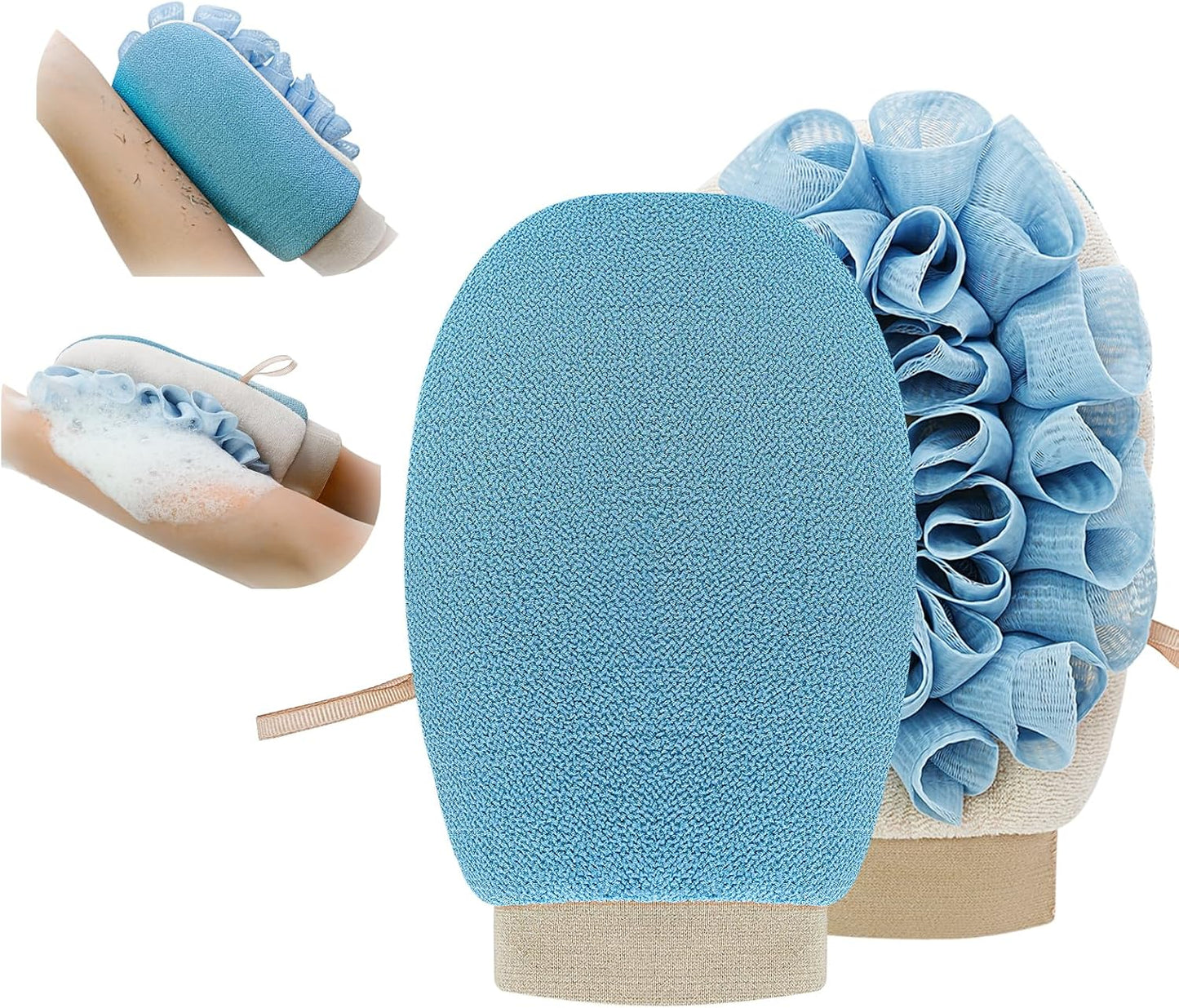 ‌Dual-Function Exfoliating Glove for Shower- Body Scrubber & Shower Loofah 2-in-1 - Korean Exfoliating Mitt for Smooth Skin - Remover Dead Skin and Keratosis - Blue (1-Pack)