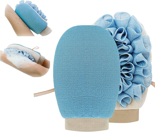 ‌Dual-Function Exfoliating Glove for Shower- Body Scrubber & Shower Loofah 2-in-1 - Korean Exfoliating Mitt for Smooth Skin - Remover Dead Skin and Keratosis - Blue (1-Pack)