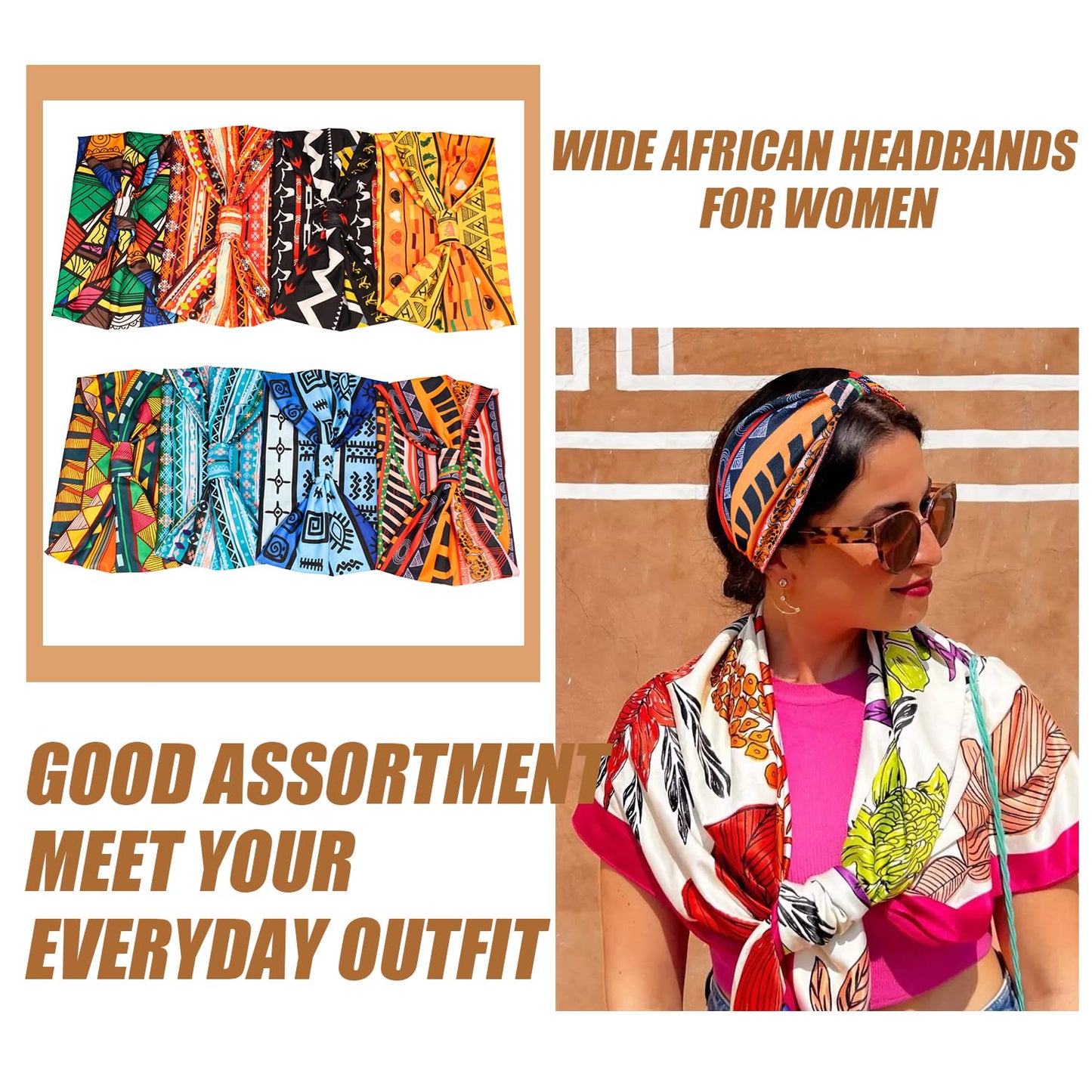 Yeshan Women's Wide Boho Knotted Non-Slip Turban Headwraps - Stretchy Bandeau Hair Bands for Sports, Yoga, Workouts, Pack of 8