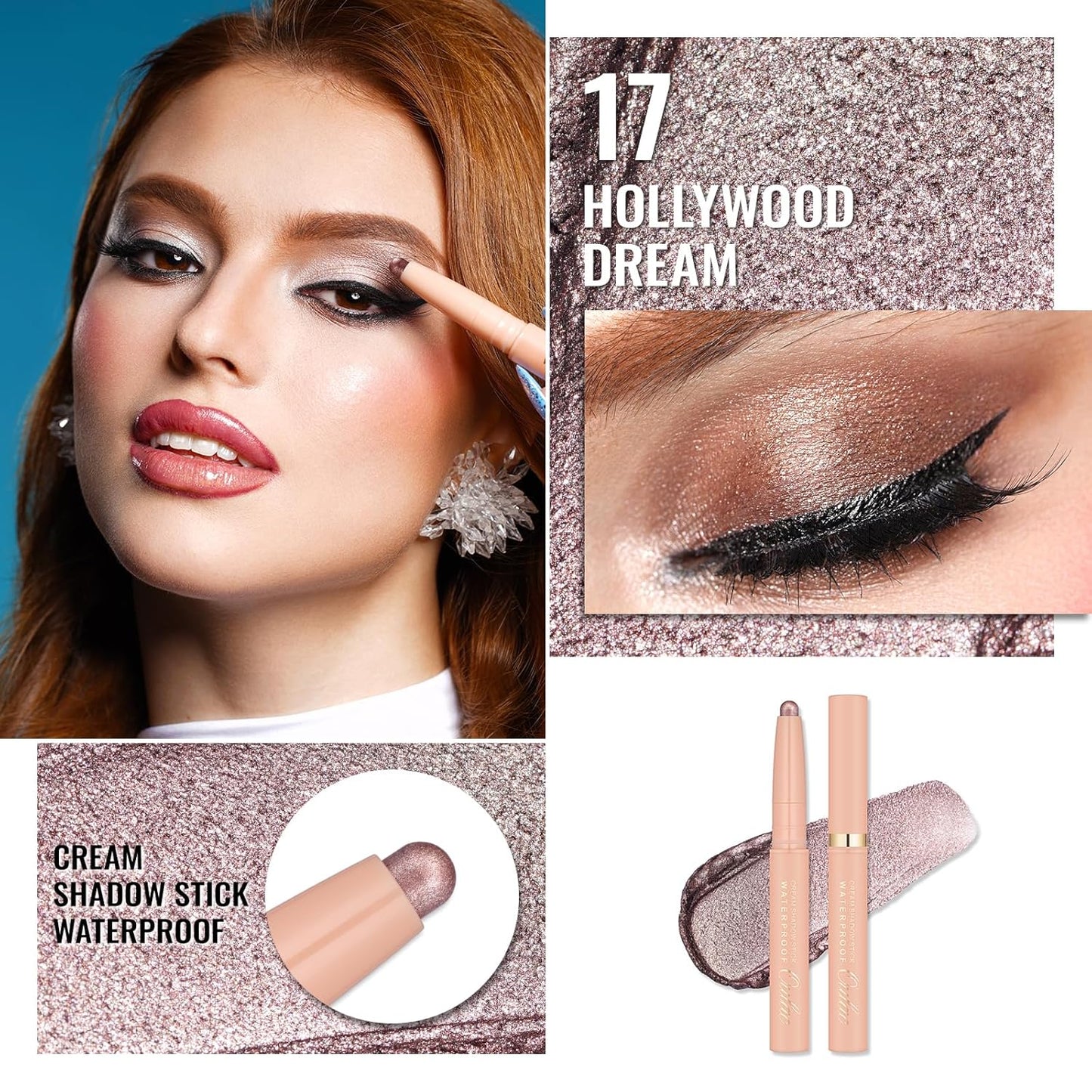 Oulac Waterproof Eye Shadow Stick Smooth and Long Lasting, Shimmering Glitter Finish, Blendable Eyes Makeup, Vegan & Cruelty-Free 1.25g, 17 Hollywood Dream