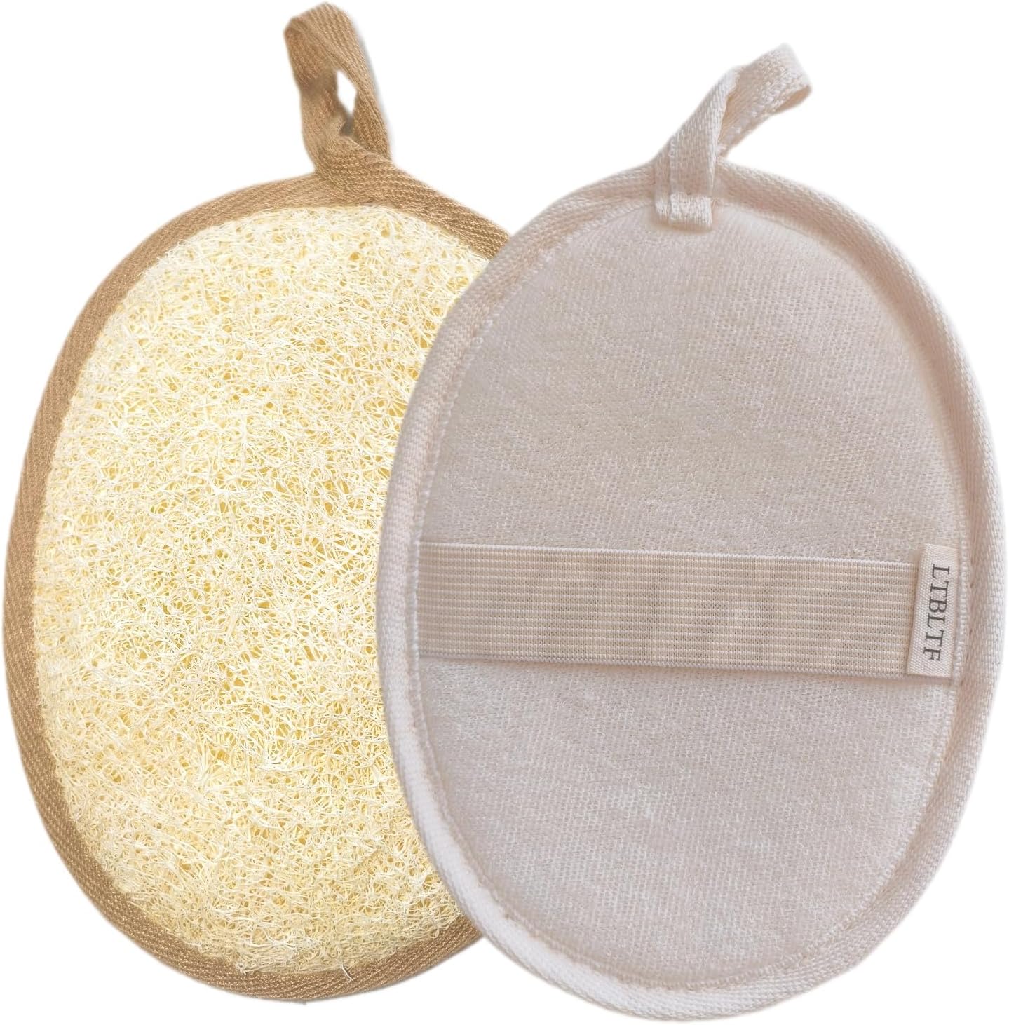 Natural Loofah Bath Sponge Set of 2 ，Exfoliating Body Scrubber，Large Size 7.1"x5.1" Oval Dual-Color (White & Brown) ，Men's and Women's Styles, Spa-Grade Couple Gift，Eco-Friendly Shower Gift