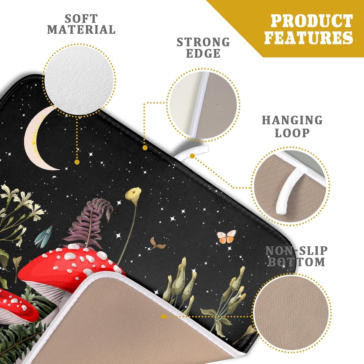 Red Mushroom Dish Drying Mat for Kitchen Counter Plant Leaves Drainer Mats Rack Holder Countertop Absorbent Microfiber Coffee Pads 16x18 Inch