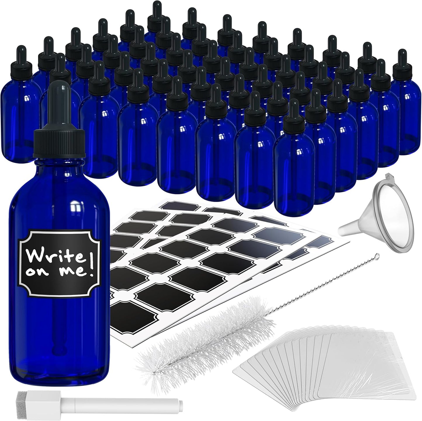 Nevlers Blue Glass Dropper Bottle 4 Oz 48 Pack | Leakproof Tincture Bottles with Dropper, Shrink Wrap, Funnel, Brush, Marker, & Labels | For Use as Hair Oil Bottle & Liquid Medicine Travel Container