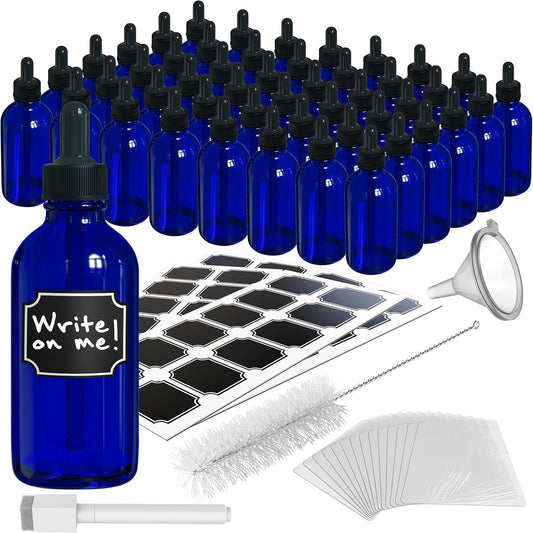 Nevlers Blue Glass Dropper Bottle 4 Oz 48 Pack | Leakproof Tincture Bottles with Dropper, Shrink Wrap, Funnel, Brush, Marker, & Labels | For Use as Hair Oil Bottle & Liquid Medicine Travel Container