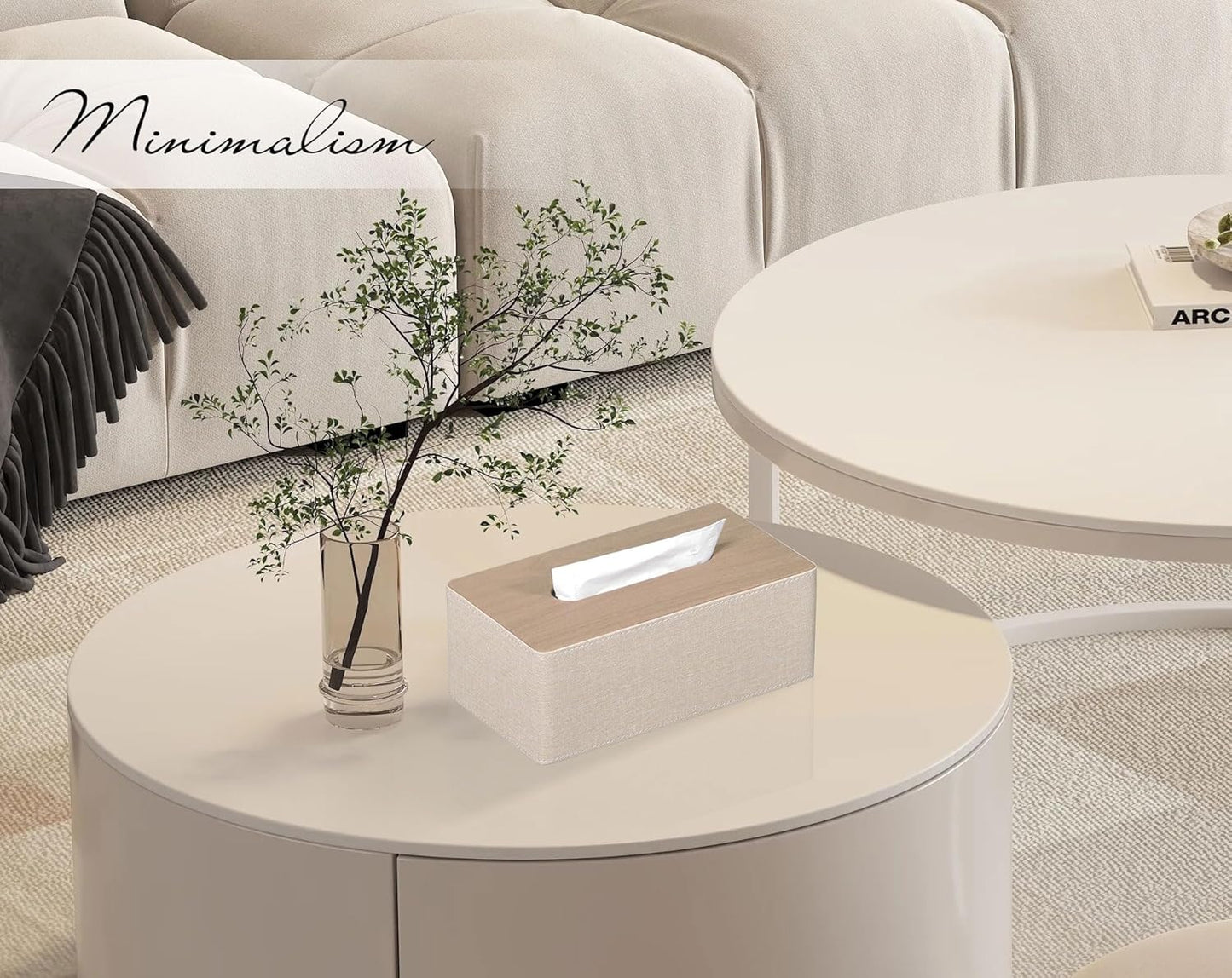 Tissue Box Cover Rectangular 9.8"(L) x 5.3"(W) x 4.3"(H) Refined Modern PU Leather Facial Tissue Dispenser Box Holder for Dresser Bathroom Decorative (Beige)