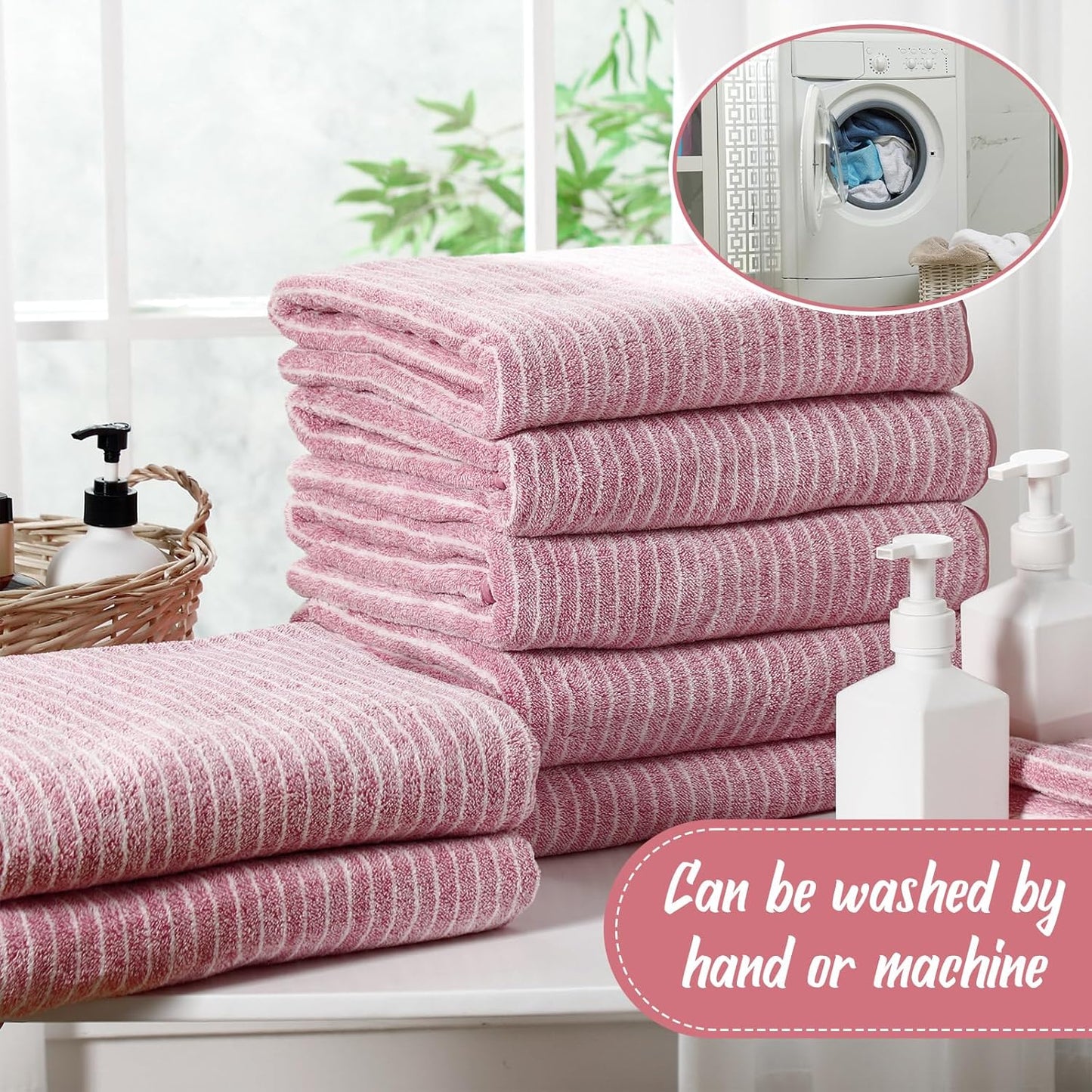 16 Pack Microfiber Bath Towels Bulk 27'' x 60'' Oversized Size Bath Towel Highly Absorbent Extra Large Soft Drying for Shower Beach Salon Winter Sport Spa Gym (Pinstripe,Pink)