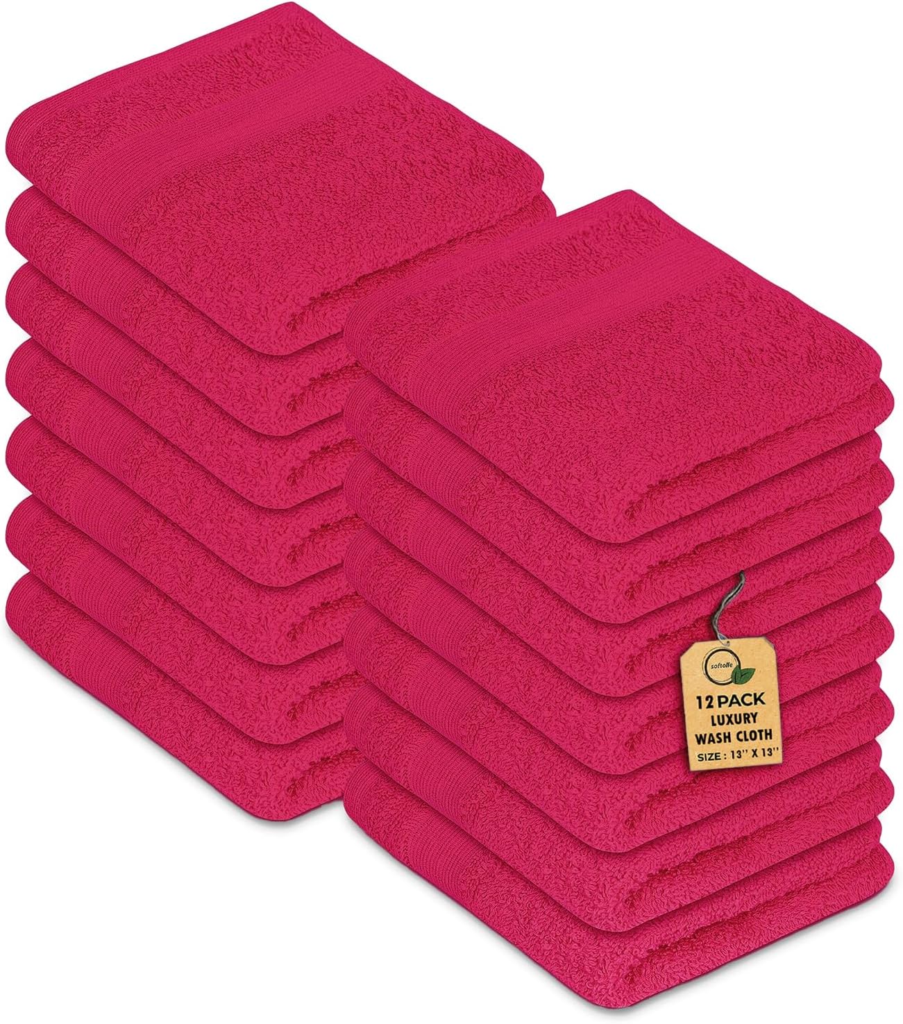 Premium Wash Cloths Pack of 12 (13" x 13") 100% Ring Spun Cotton | Luxury Washcloths | Ultra Soft Face Towels | Highly Absorbent Wash Cloths for face (Raspberry)