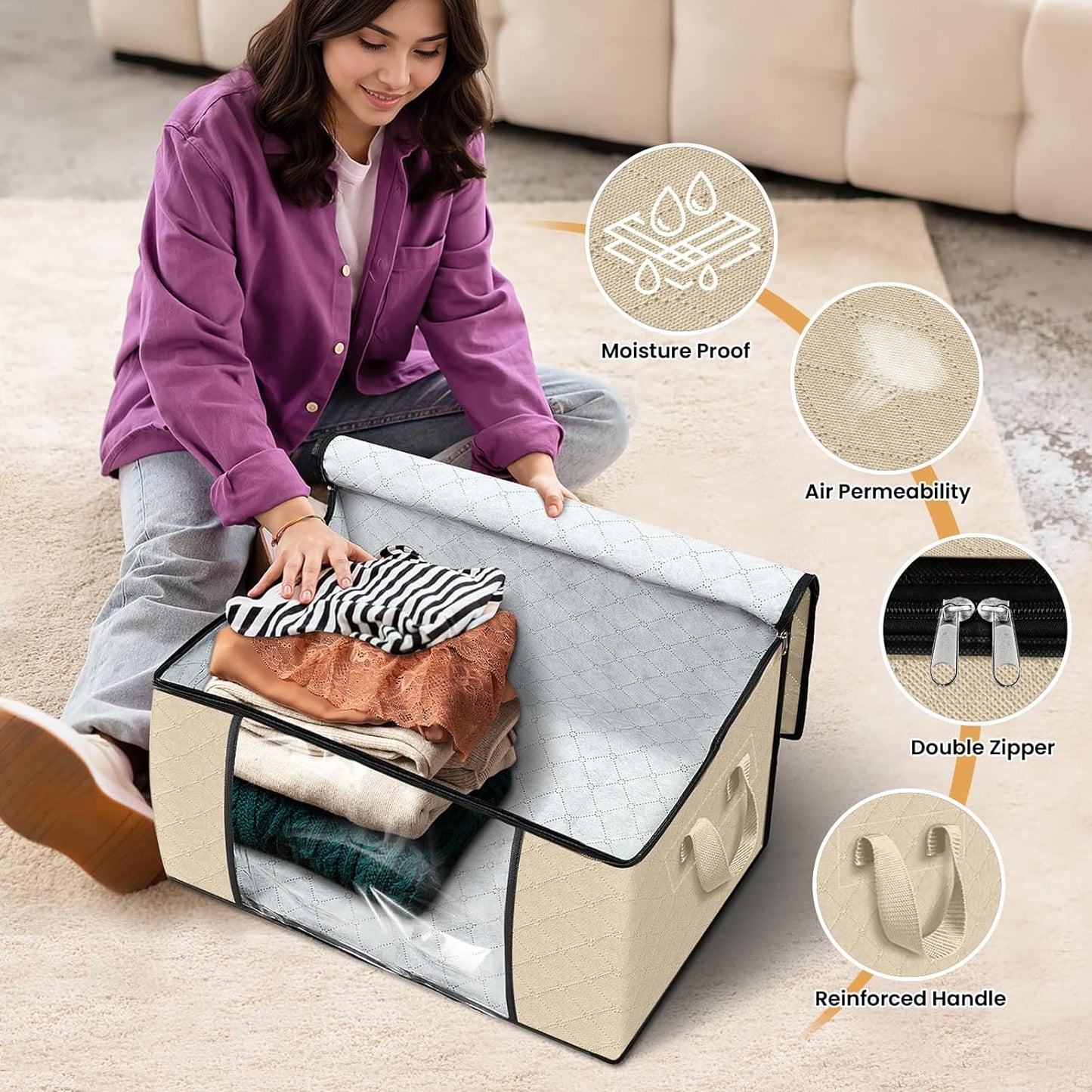 Fab totes 3 Pack Clothes Storage, Foldable Thick Fabric Blanket Storage Bags, Containers for Organizing Bedroom, Closet, Clothing, Comforter, Organization with Handle,Beige