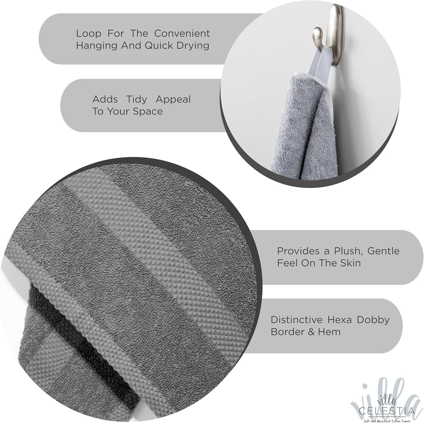 100% Cotton Bath Towel Set of 24-6 Bath Towels, 6 Hand Towels, 12 Wash Cloths, Sustainable, Soft, Highly Absorbent, Combed Cotton 24 Piece Set for Hotels, Spa, Bathroom, Dorm, Grey
