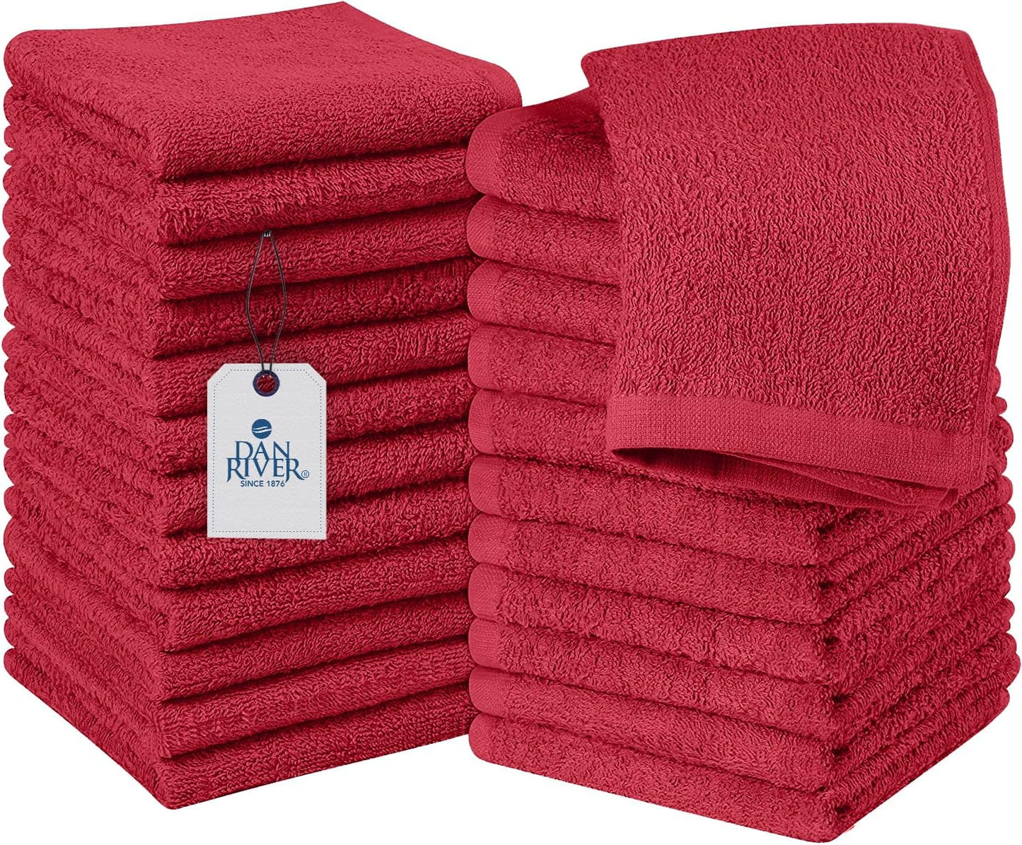 DAN RIVER 100% Cotton Wash Cloths 24 Pack [12x12] Soft & Absorbent Bath wash Cloths, Gym, Hotels & Spa Perfect for Everyday Use Fingertip Towels, Red