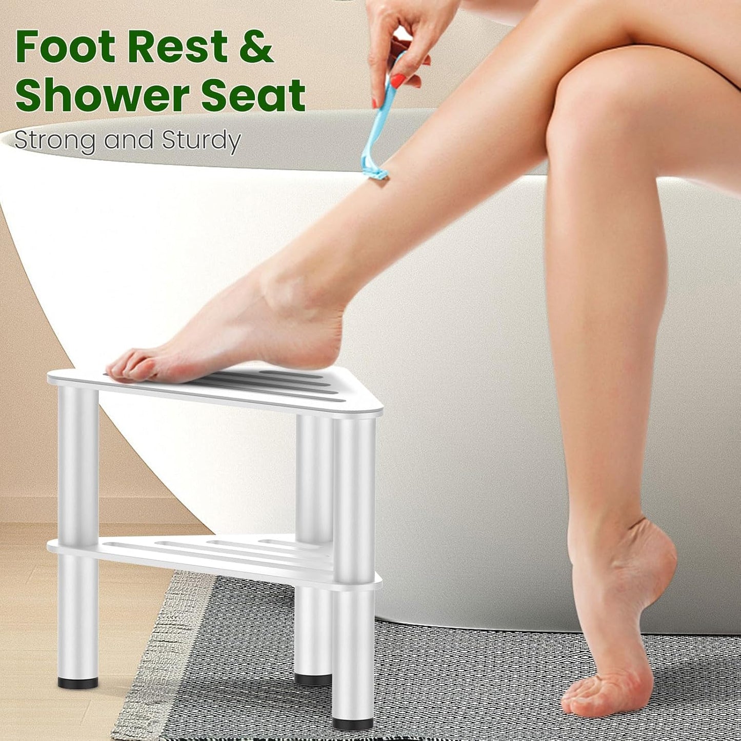 Metal Shower Stool for Shaving Legs, Corner Shower Foot Rest Bench Seat for Inside Shower, Spa Foot Step, Waterproof Small Step for Bathroom (White)