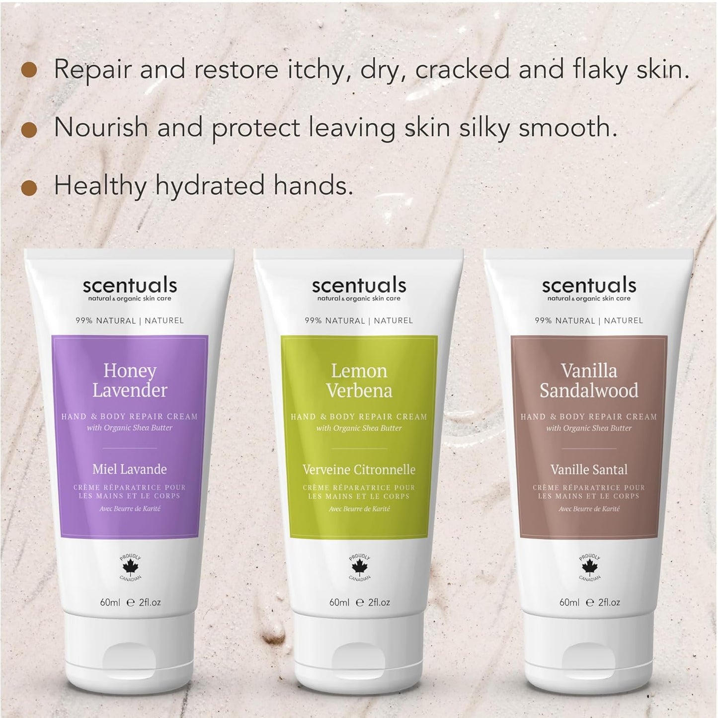 Hand Cream Set of 3, with Shea Butter, Cocoa Butter, Argan & Almond oil, Moisturizing Dry Hands, (Lemon Verbena, Honey Lavender, Vanilla Sandalwood) 60 ml (2 fl.oz. x 3)