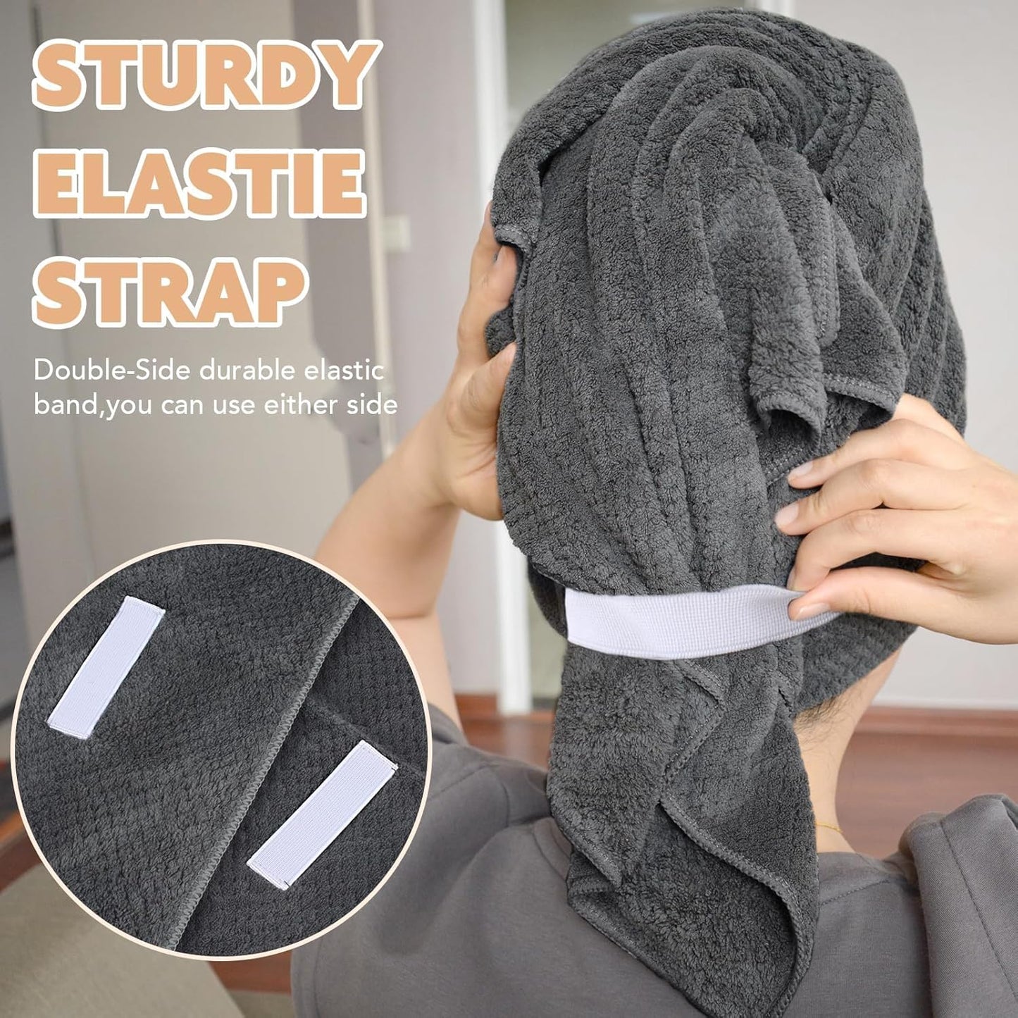 SUNLAND Microfiber Hair Towels Anti Frizz Hair Drying Towel Super Absorbent Fast Drying Turbans for Wet Curly Hair Soft Hair Towel Wrap with Elastic Band for All Hair Types 40 X 28 inches 2Pack Grey