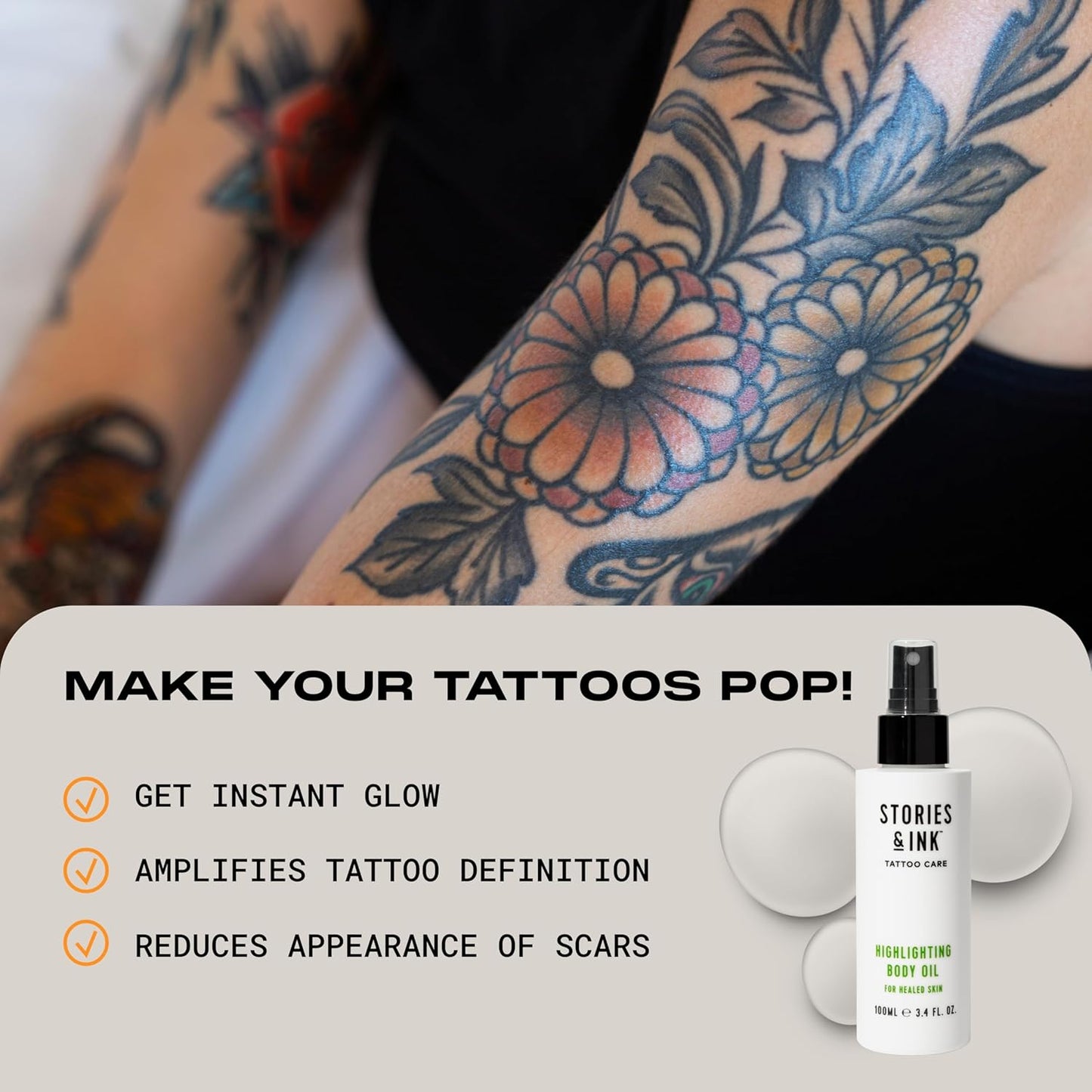 Stories & Ink Tattoo Care | HIGHLIGHTING BODY OIL for healed skin - Refreshes Faded Tattoos for Instant Tattoo Glow, 100 mL / 3.4 Fl Oz