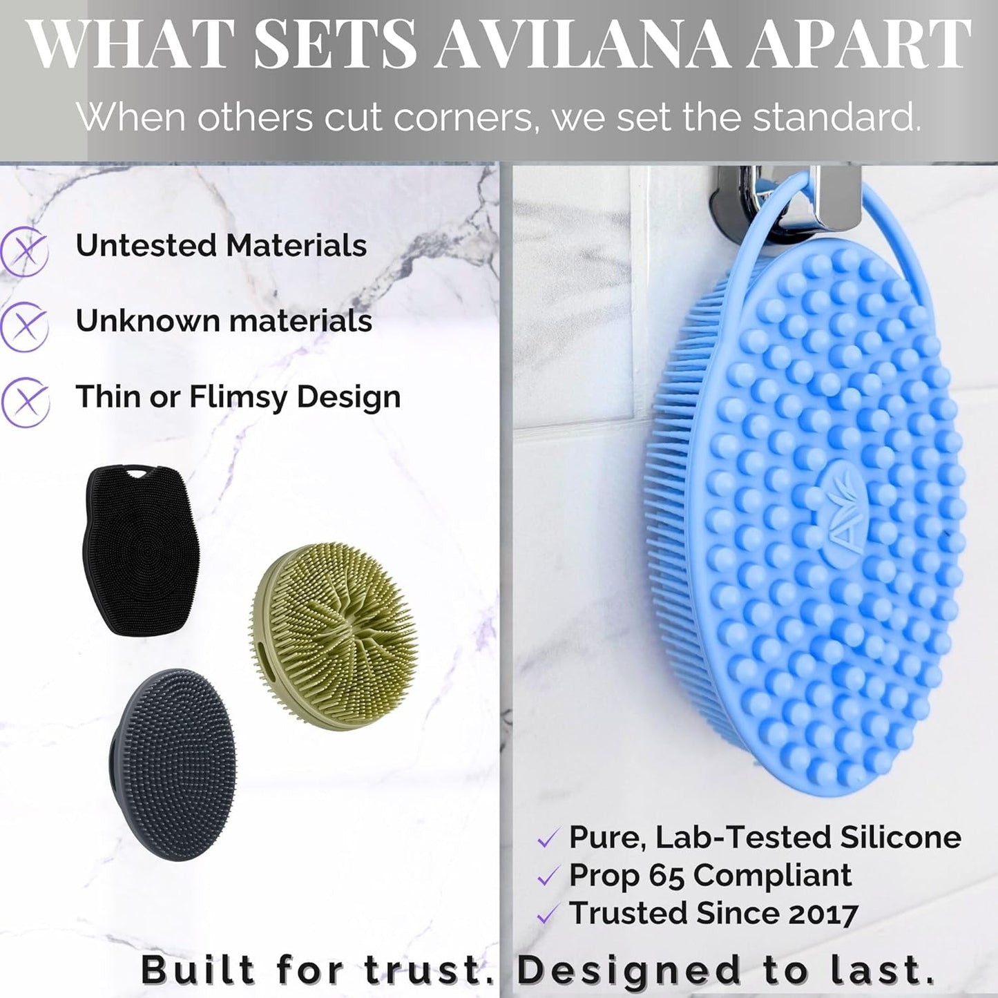 Avilana Silicone Body Scrubber - Food Grade & Lab Tested, Gentle Exfoliating Shower Brush for All Skin Types, Hygienic Quick-Dry Loofah Alternative (Gray, Exfoliate-Silver)