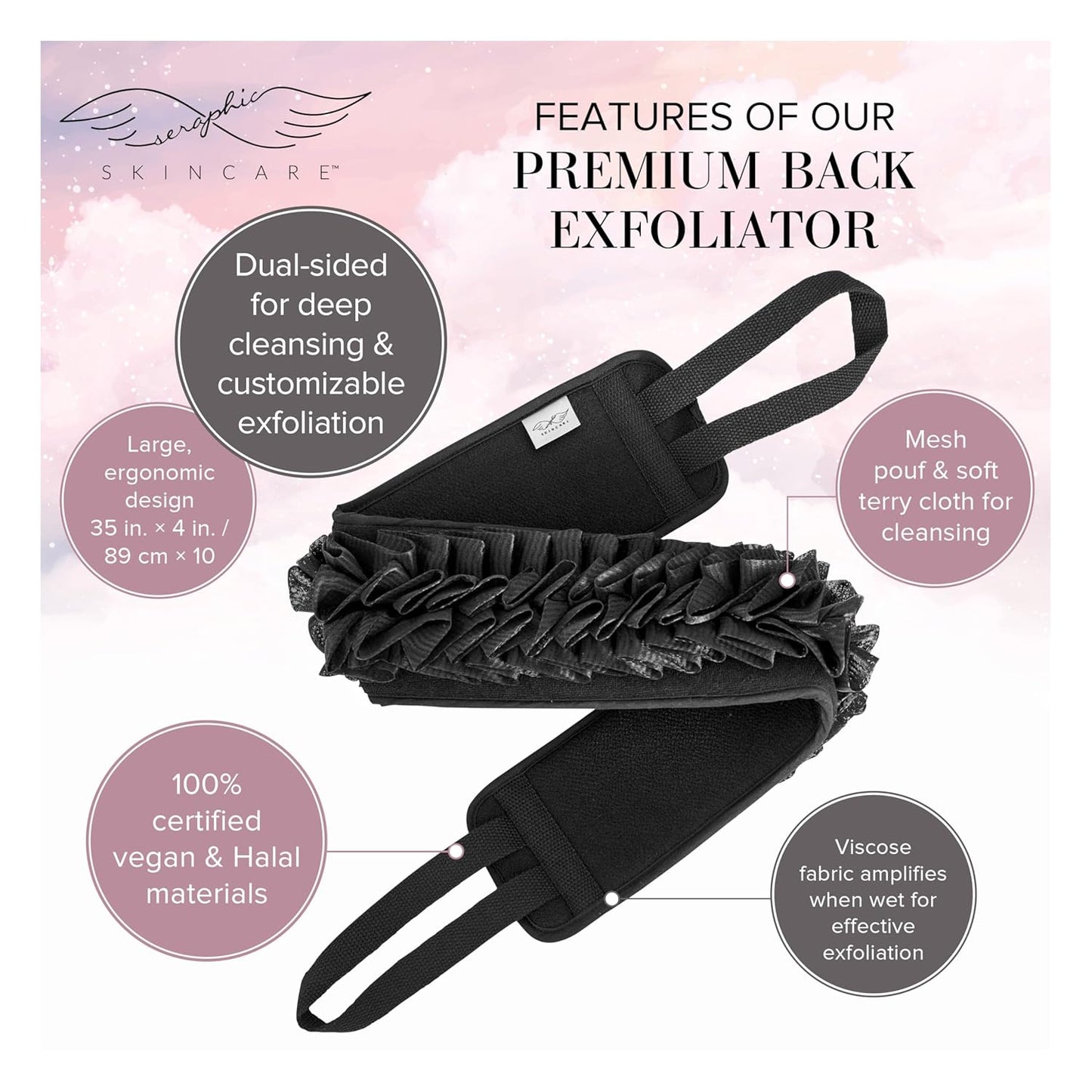 Seraphic Skincare Premium Back Exfoliator – Dual-Sided Back Scrubber for Men & Women – 100% Vegan – Viscose Side for Deep Exfoliation, Mesh & Washcloth Side for Cleansing – Bacne Prevention