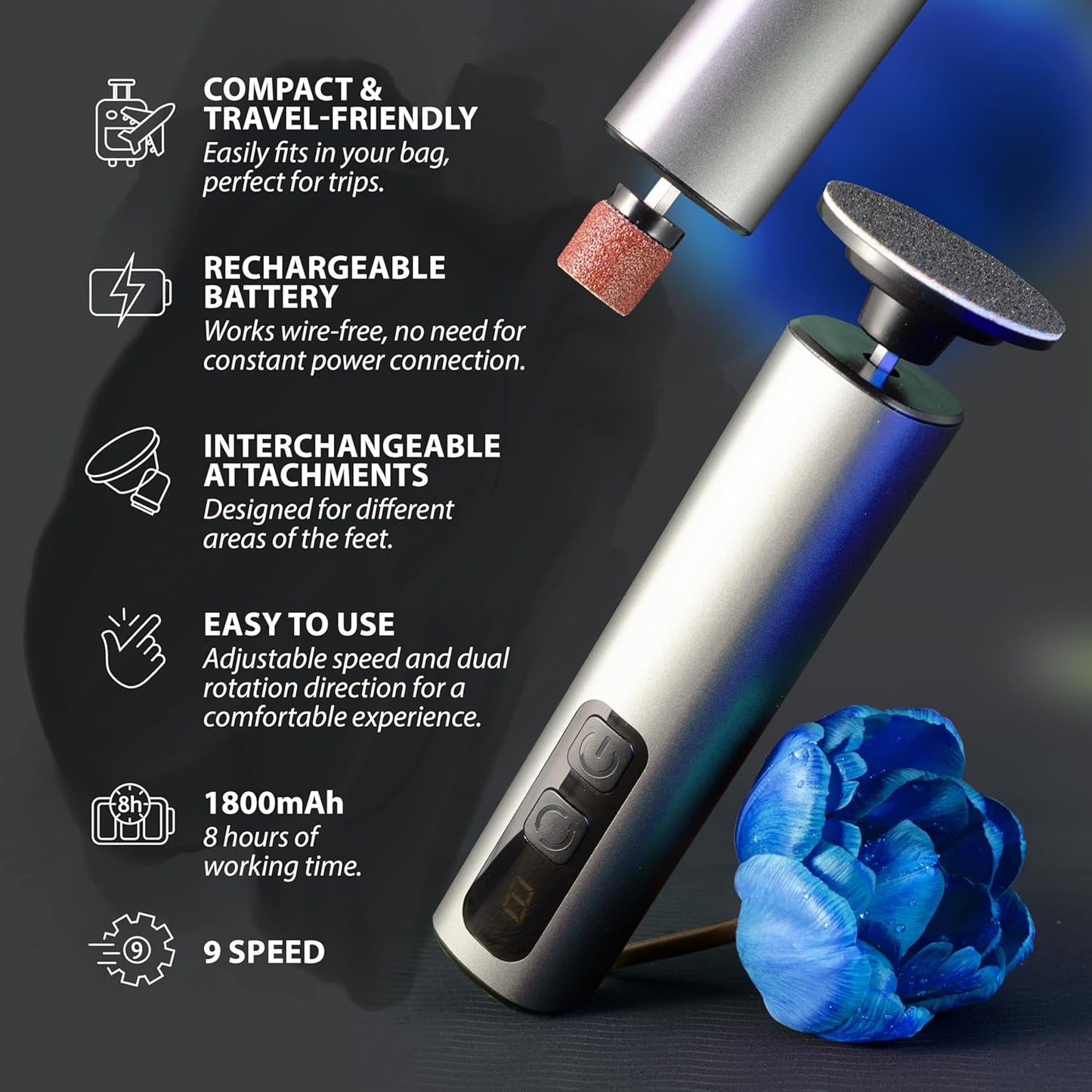 Electric Foot Callus Remover Rechargeable - Black Electric Foot Filer with 9 Speed Settings, Type-C Charging, and 60 Sanding Discs for Smooth Skin - Callus Remover for Feet