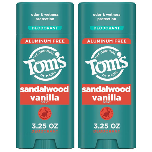 Tom’s of Maine Sandalwood Vanilla Aluminum Free Natural Deodorant For Women & Men | Goes on Clear | Odor & Wetness Protection | Naturally Derived and Moisture-Locking Ingredients | 3.25 oz (2 Pack)