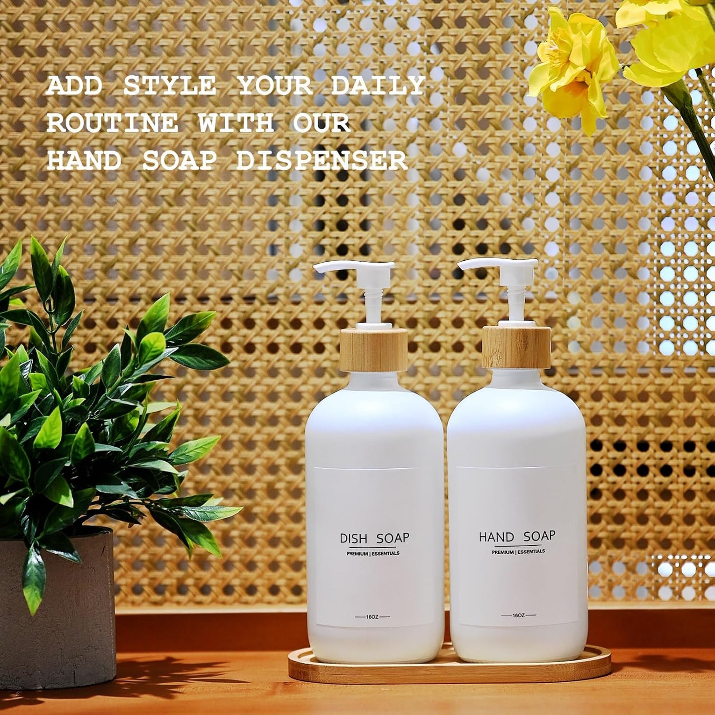 Luxury Glass Soap Dispenser Set - 2 Refillable 16.9oz Bottles, Bamboo Pump & Tray for Farmhouse & Modern Decor, 9 Waterproof Labels for Kitchen/Bathroom (White Bottle+White Bamboo Pumps+Tray)