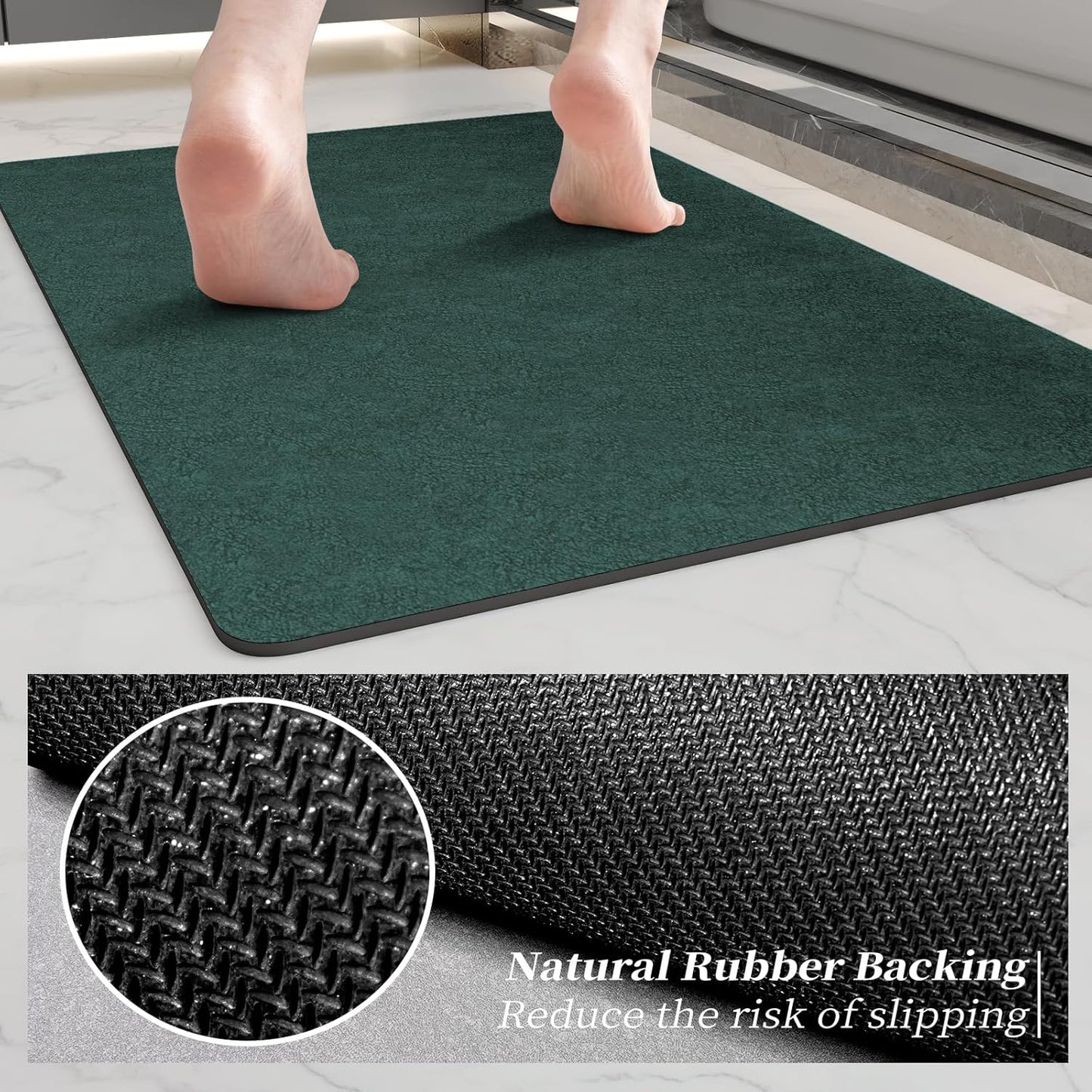 Bathroom Rugs Sets 2 Piece - Quick Dry Super Absorbent Bath Mat for Bathroom Diatomaceous Earth Bathroom Rugs with Rubber Backing Non-Slip Bath Mat Rugs for Shower Floor, 47x17 + 24x17, Dark Green
