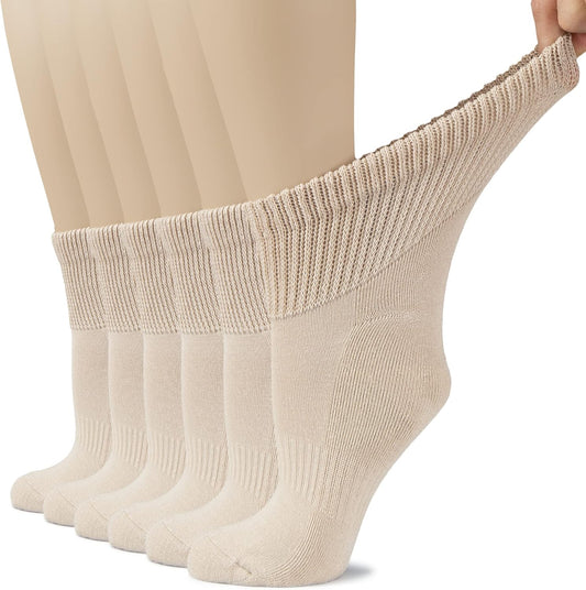 Hugh Ugoli Women's Cotton Diabetic Ankle Socks, Wide, Loose, Stretchy, Seamless Toe, Non Binding Top Semi Cushion, 3-6 Pairs