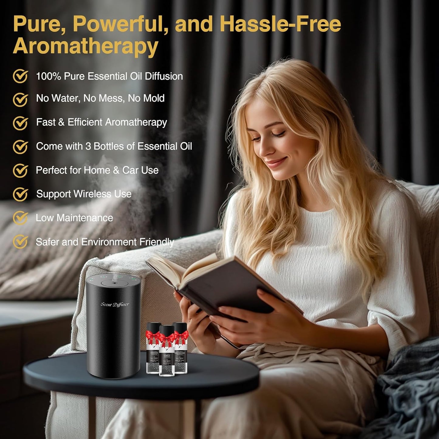 Waterless Essential Oil Diffuser Starter Kit - No Water Needed, Battery Operated Mini Scent Air Machine, Included 3x20ML Essential Oils, Portable Aromatherapy Diffuser for Home & Car, Black, 2Pack