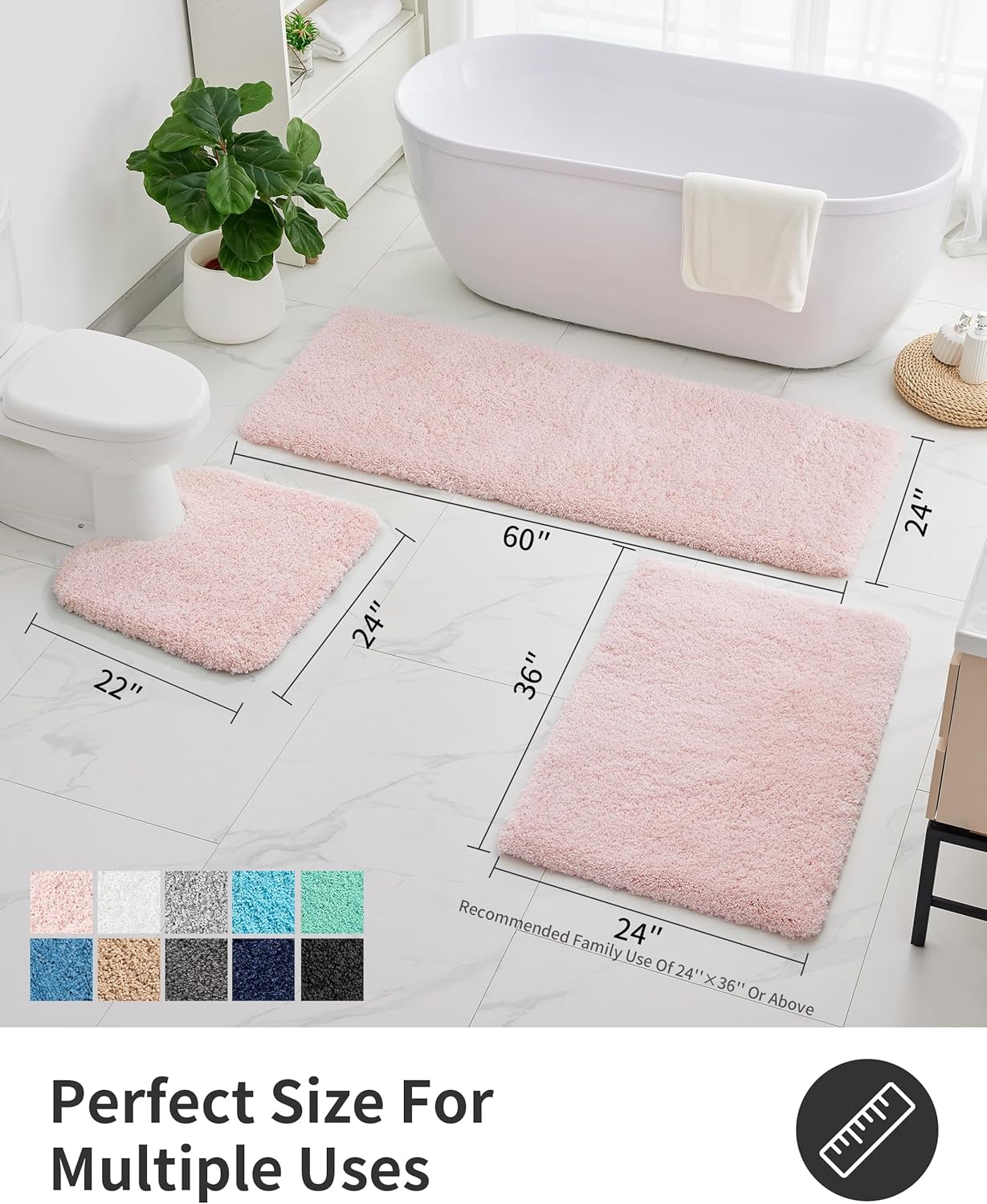 ILANGO Pink Bathroom Rugs 36" × 24" Non Slip & Super Absorbent Extra Thick Soft, Washable Bath Mat for Floor, Non Shedding Microfiber Plush Shaggy Bath Rug with Rubber for Bathtub Shower Room Sink