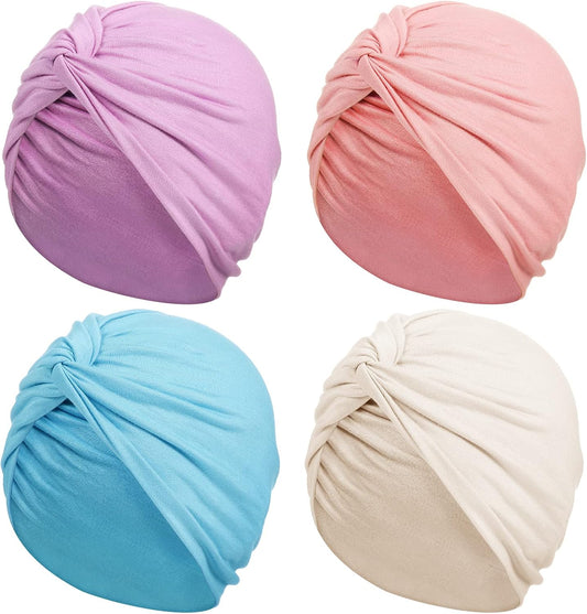SATINIOR 4 Pieces Turbans for Women Soft Pre Tied Knot Fashion Pleated Cancer Turban Cap Chemo Headwrap Sleep Hat, 4 Colors