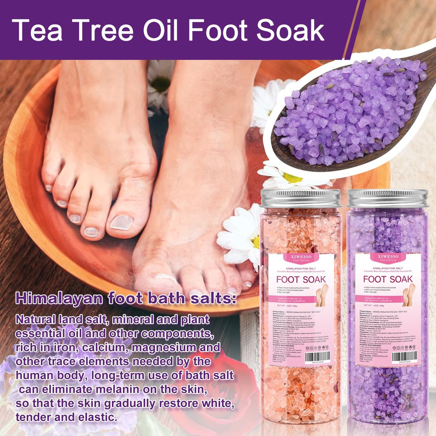 Himalayan Pink FOOT SOAK SALT Kit Tea Tree Oil - Moisturize, Foot Odor cream spa bath massager Epsom Salt foot pedicure at home spa Callus Remover Gel Kit Foot file tools