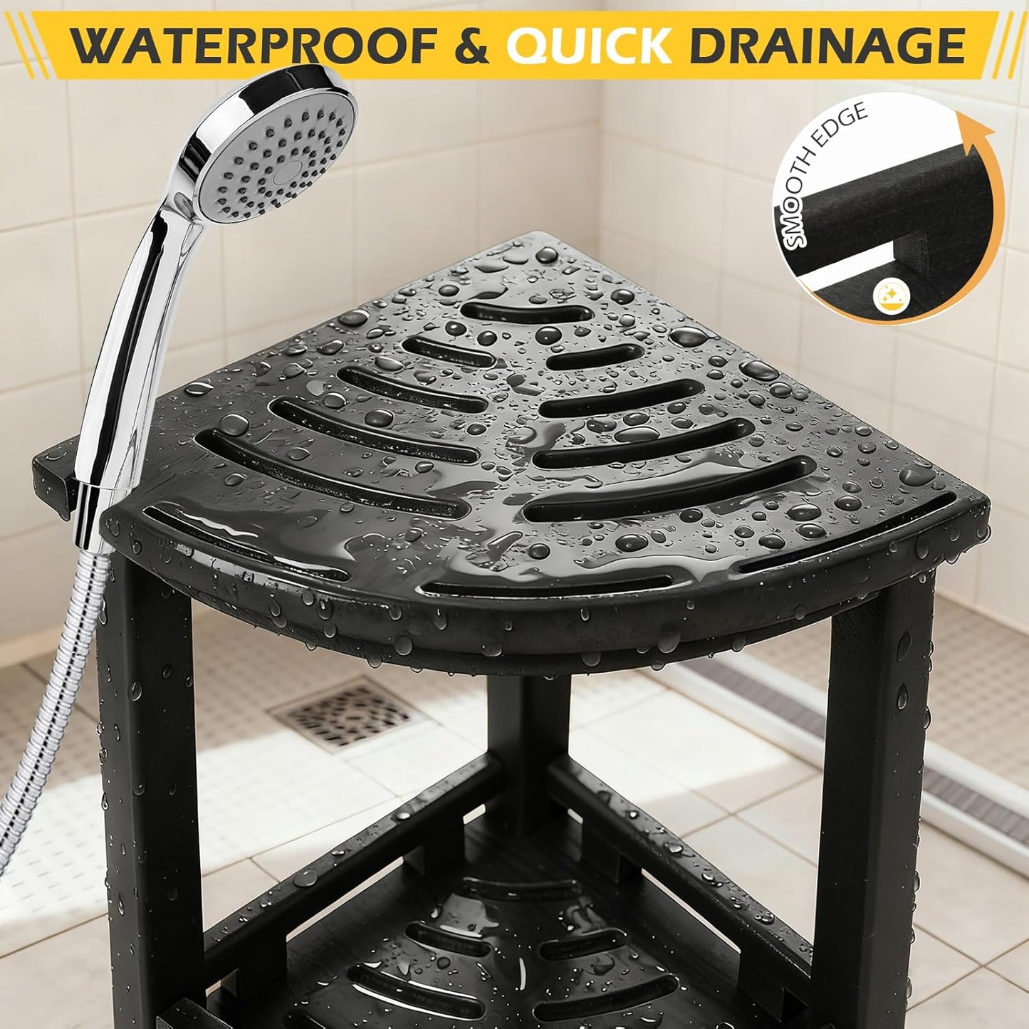 HDPE Corner Shower Stool for Shaving Legs, Waterproof Shower Stool with Storage Shelf for Bathroom,Black