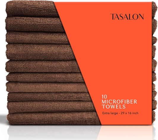 TASALON Microfiber Hair Towel for Salon - 10 Pack - 29 x 16 Inches, Quick Dry and Ultra-Soft Facial Towels with Soft Absorbant - Brown