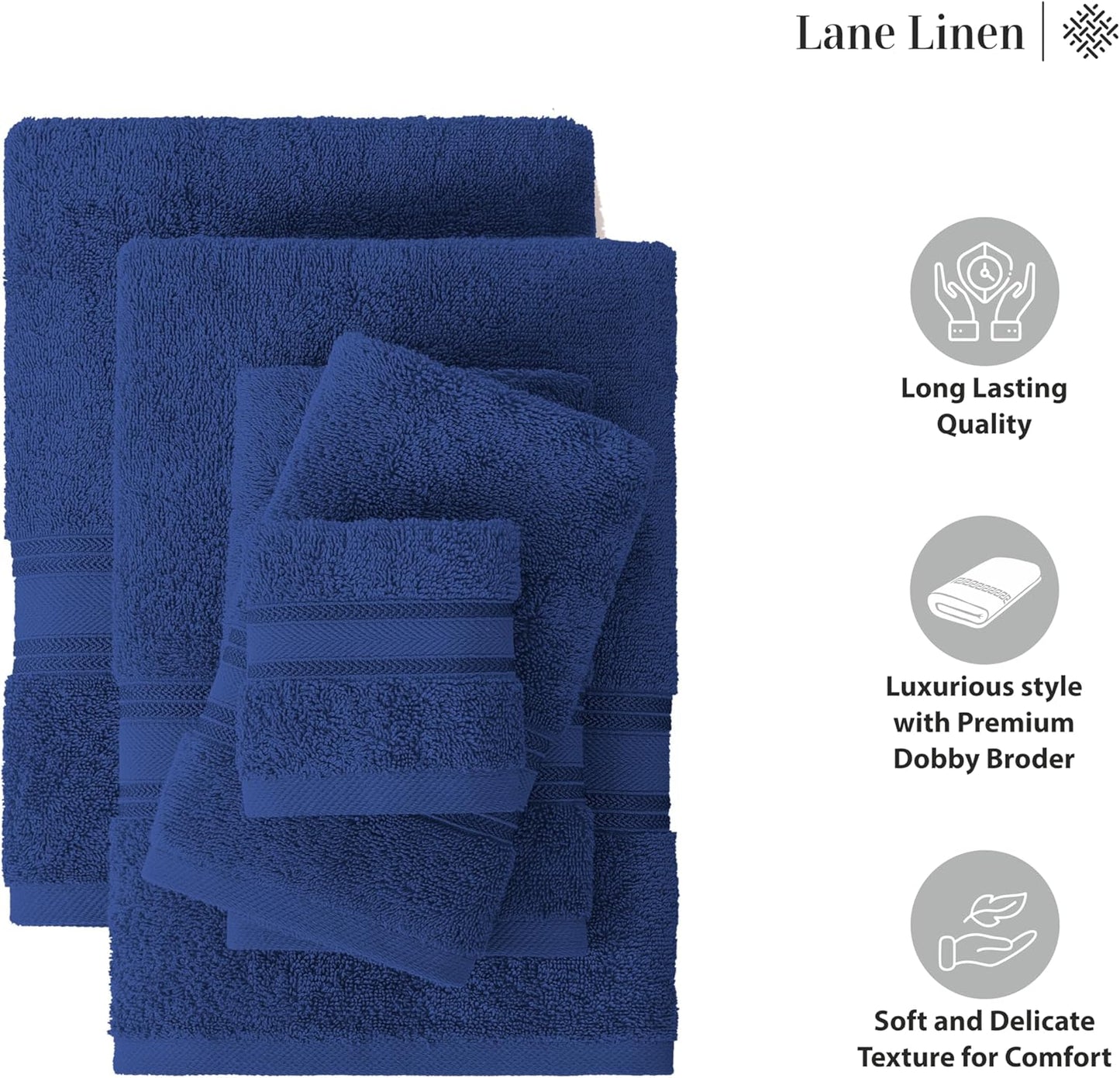 LANE LINEN 100% Cotton Luxury Bathroom Towel Set - 18 Pcs - Zero Twist, Quick Dry, Super Soft & Absorbent - 6 Bath, 6 Washcloths, 6 Hand Towels - Remains Fluffy Even After Multiple Washes - Navy Blue