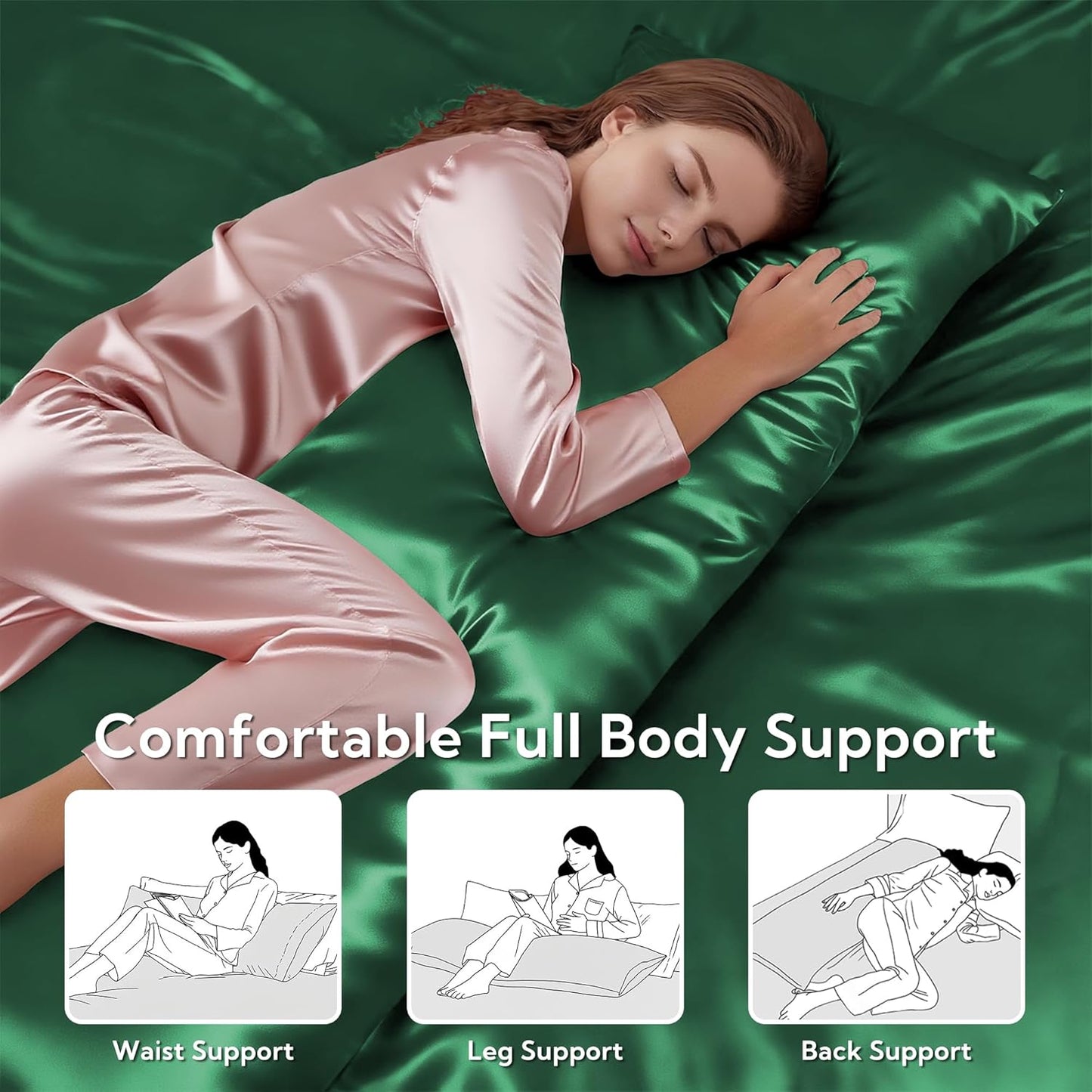 MR&HM Satin Body Pillow Cover, Soft and Breathable Body Pillow Case with Envelope Closure, Cooling and Silky Long Pillowcase for Hair and Skin,Grey (20x54, Dark Green)